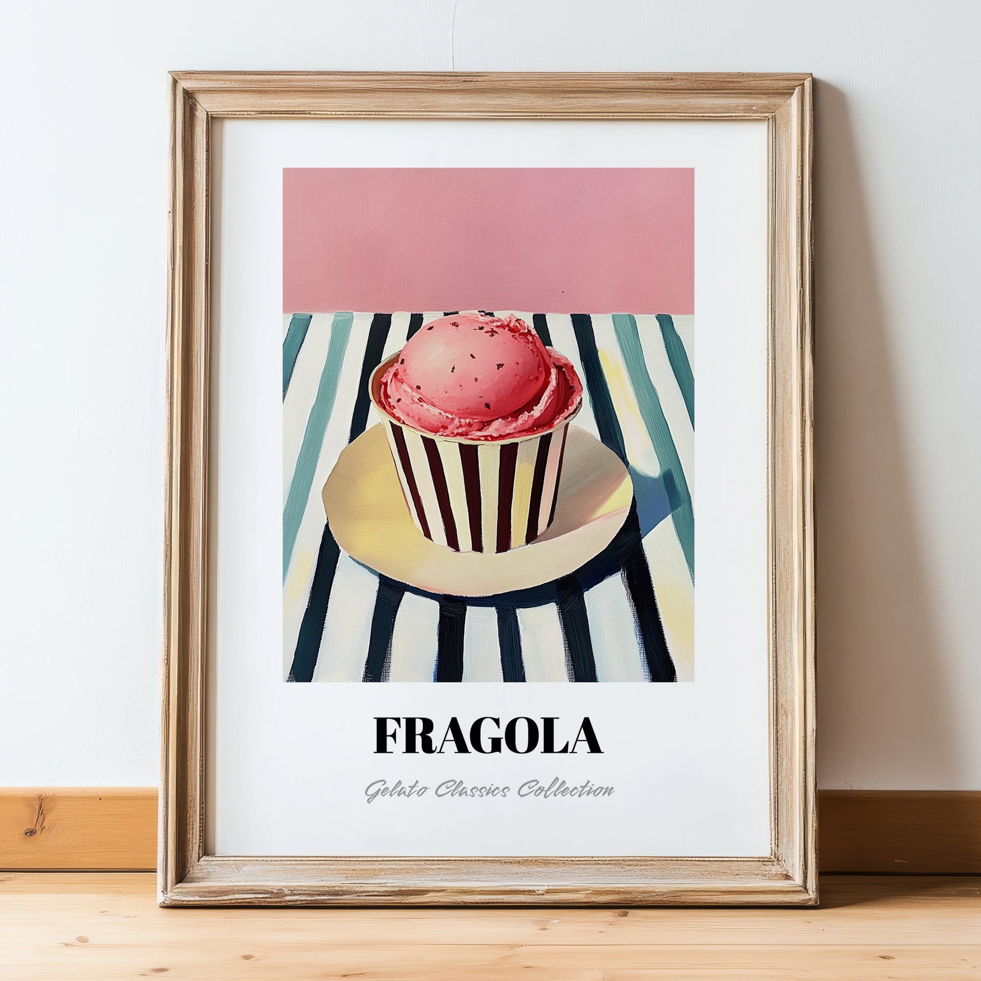 Fragola – on Striped Tablecloth, Gelato Still Life, in wooden frame leaning on the floor