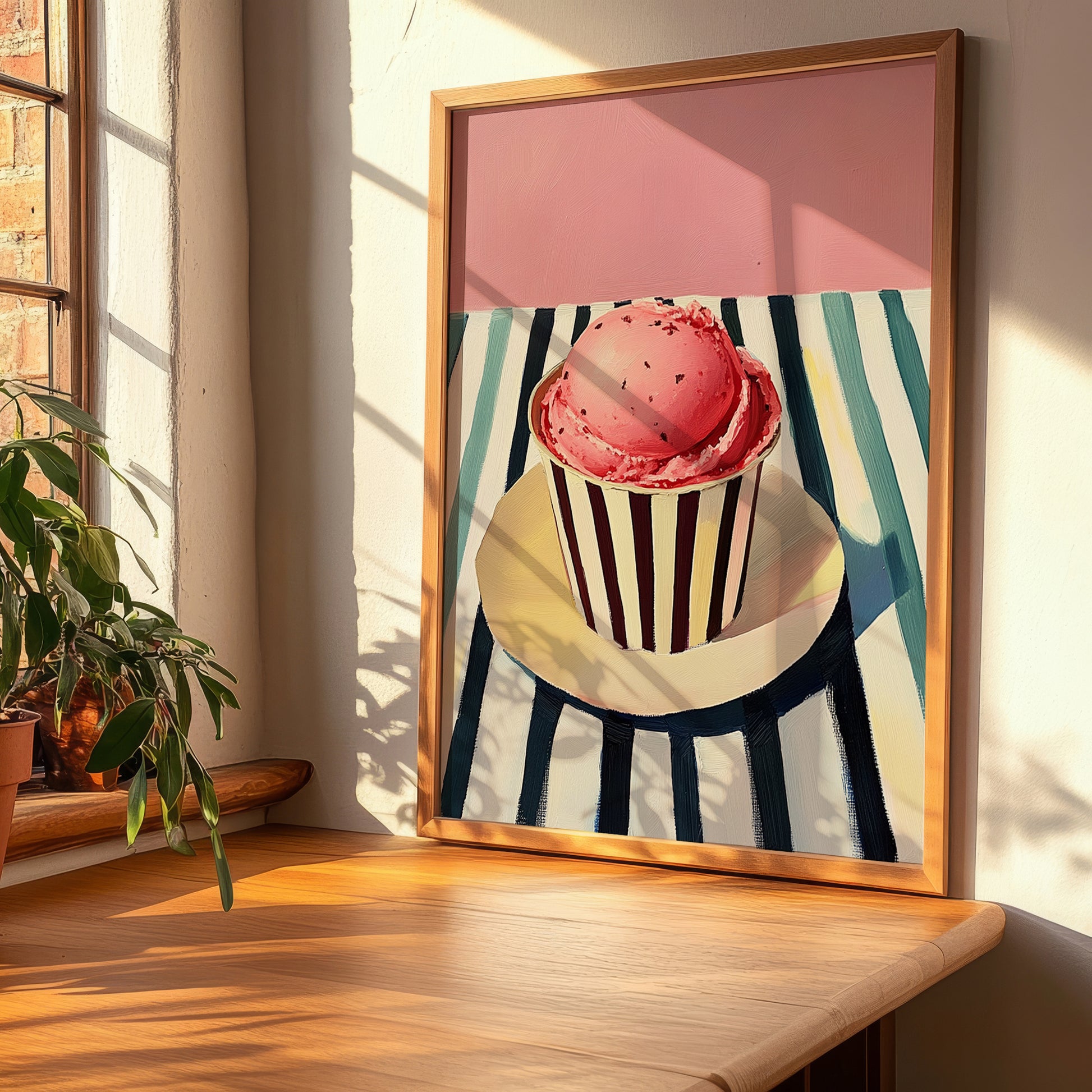 Fragola – on Striped Tablecloth, Gelato Still Life, clean layout with no caption