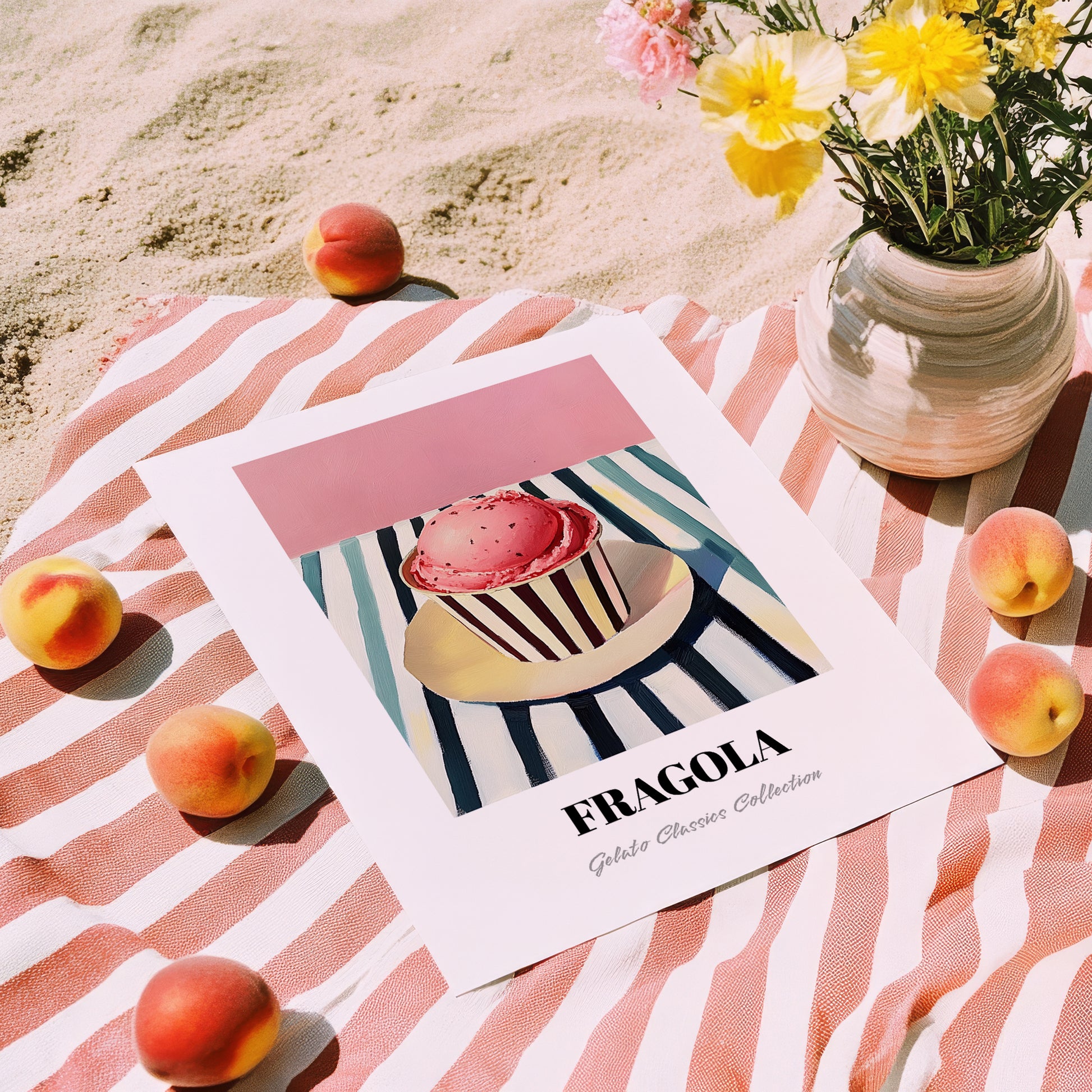 Fragola – on Striped Tablecloth, Gelato Still Life, unframed on coastal sand