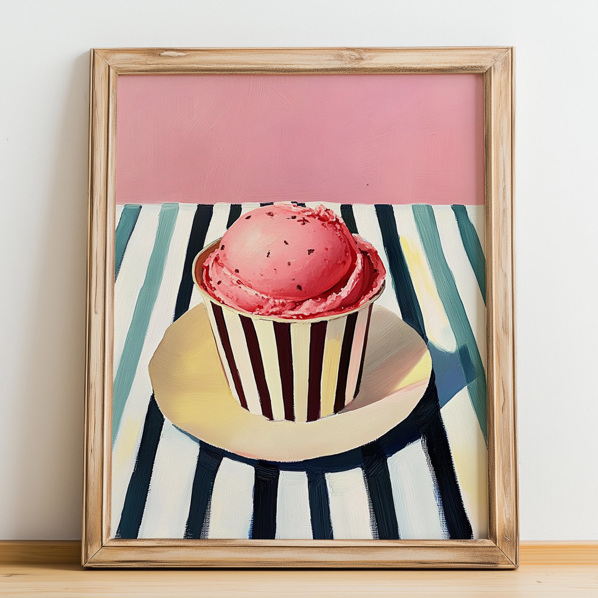 Fragola – on Striped Tablecloth, Gelato Still Life, no-text version framed in wood