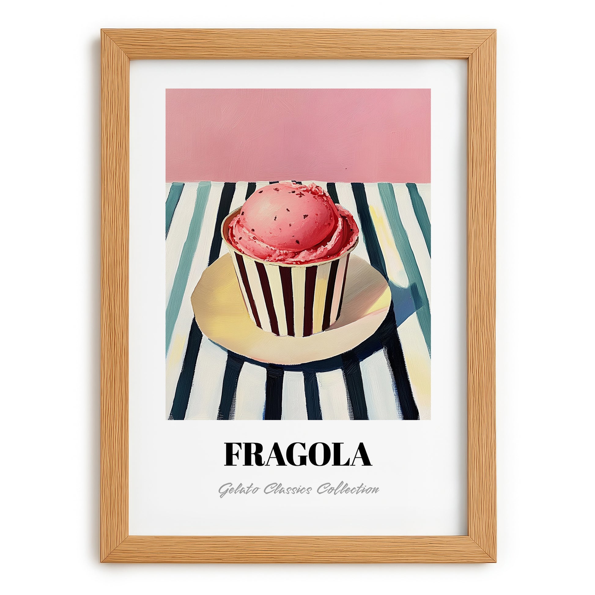 Fragola – on Striped Tablecloth, Gelato Still Life, set in oak frame