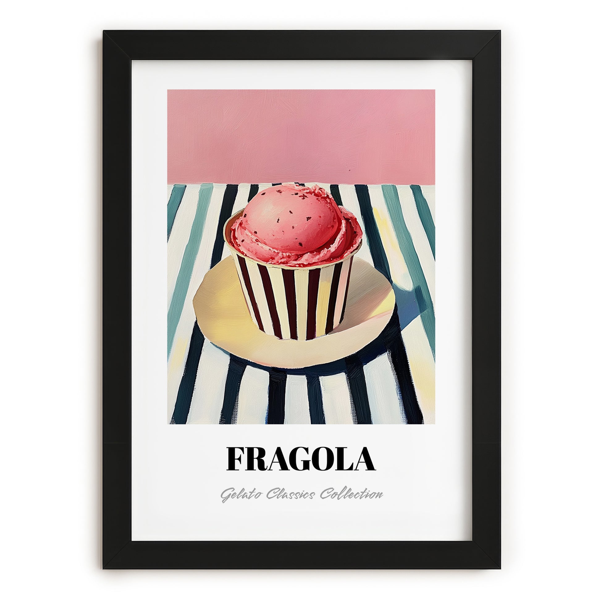 Fragola – on Striped Tablecloth, Gelato Still Life, in sleek black frame