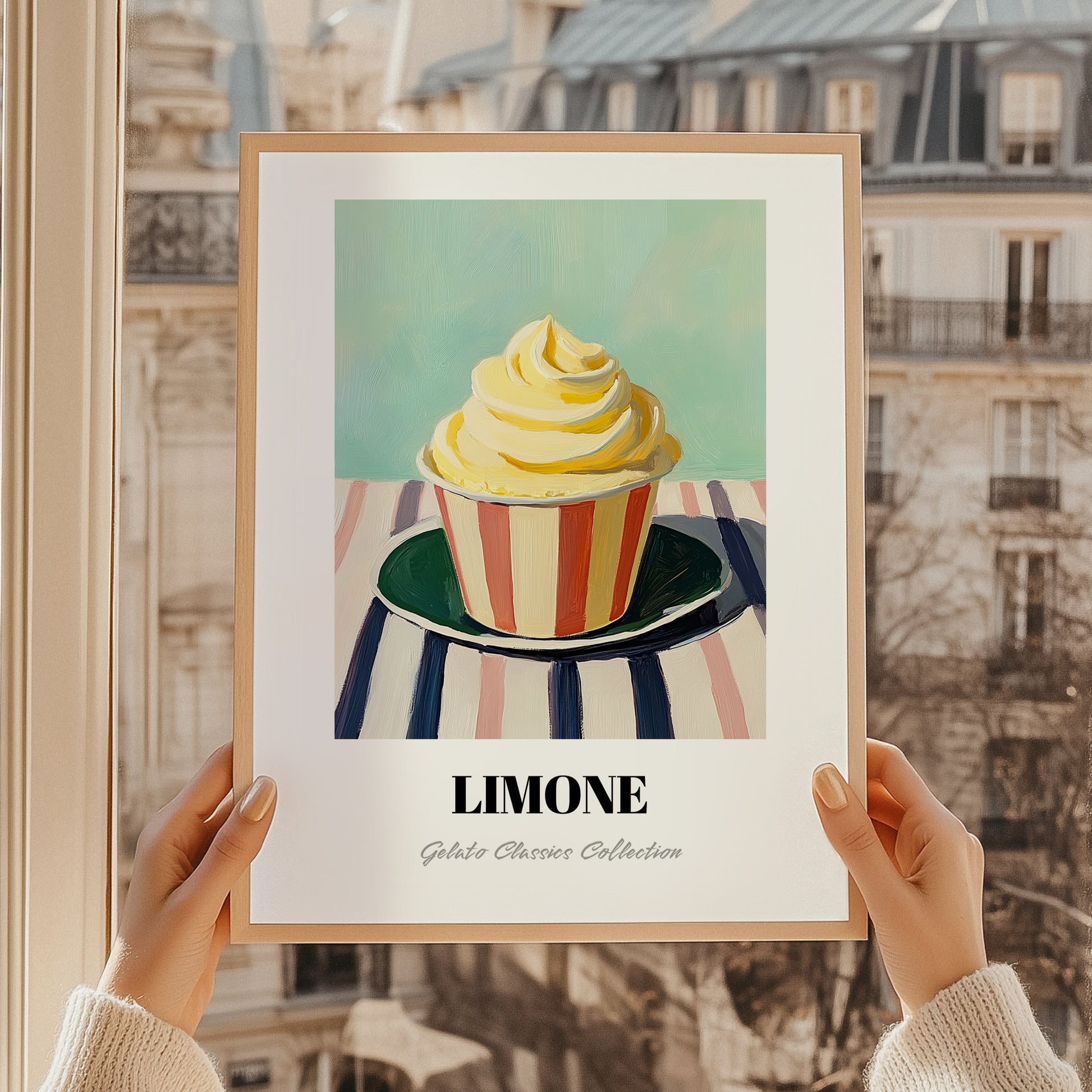 Limone – on Striped Tablecloth, Gelato Wall Painting, styled in a charming Paris street view