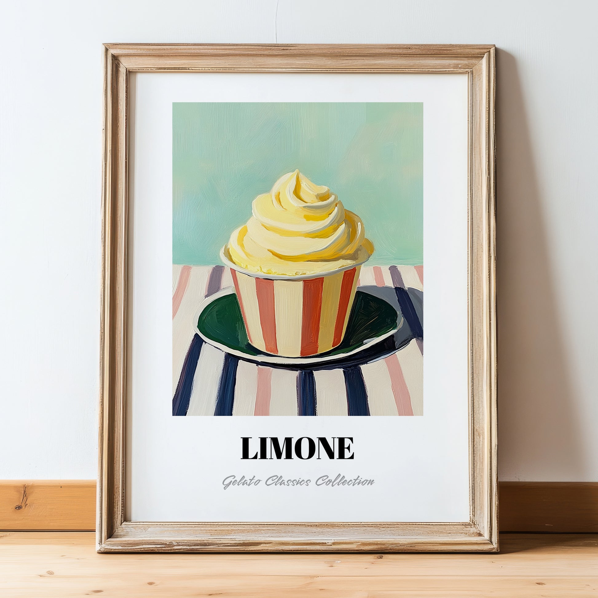 Limone – on Striped Tablecloth, Gelato Wall Painting, in wooden frame leaning on the floor