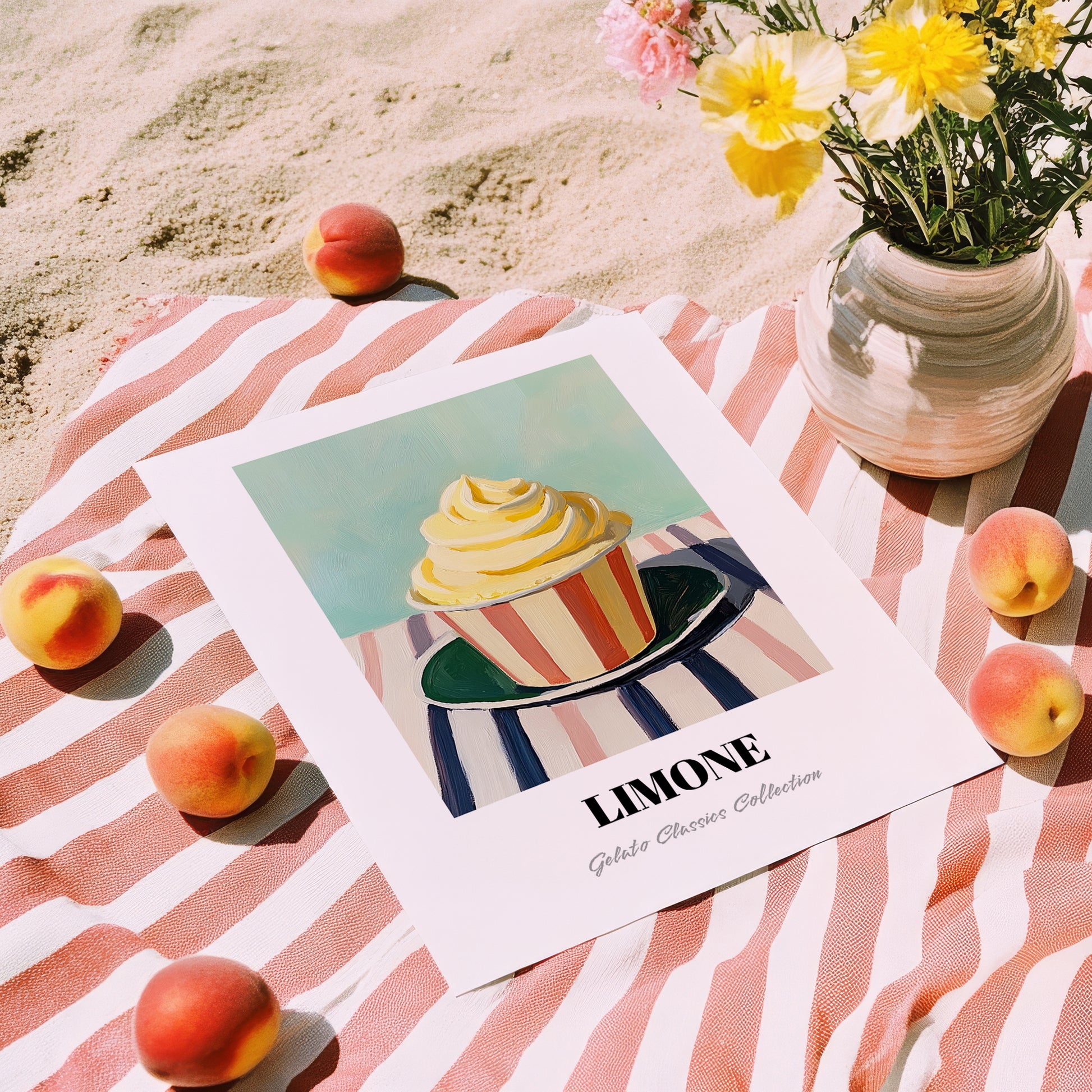 Limone – on Striped Tablecloth, Gelato Wall Painting, unframed on coastal sand