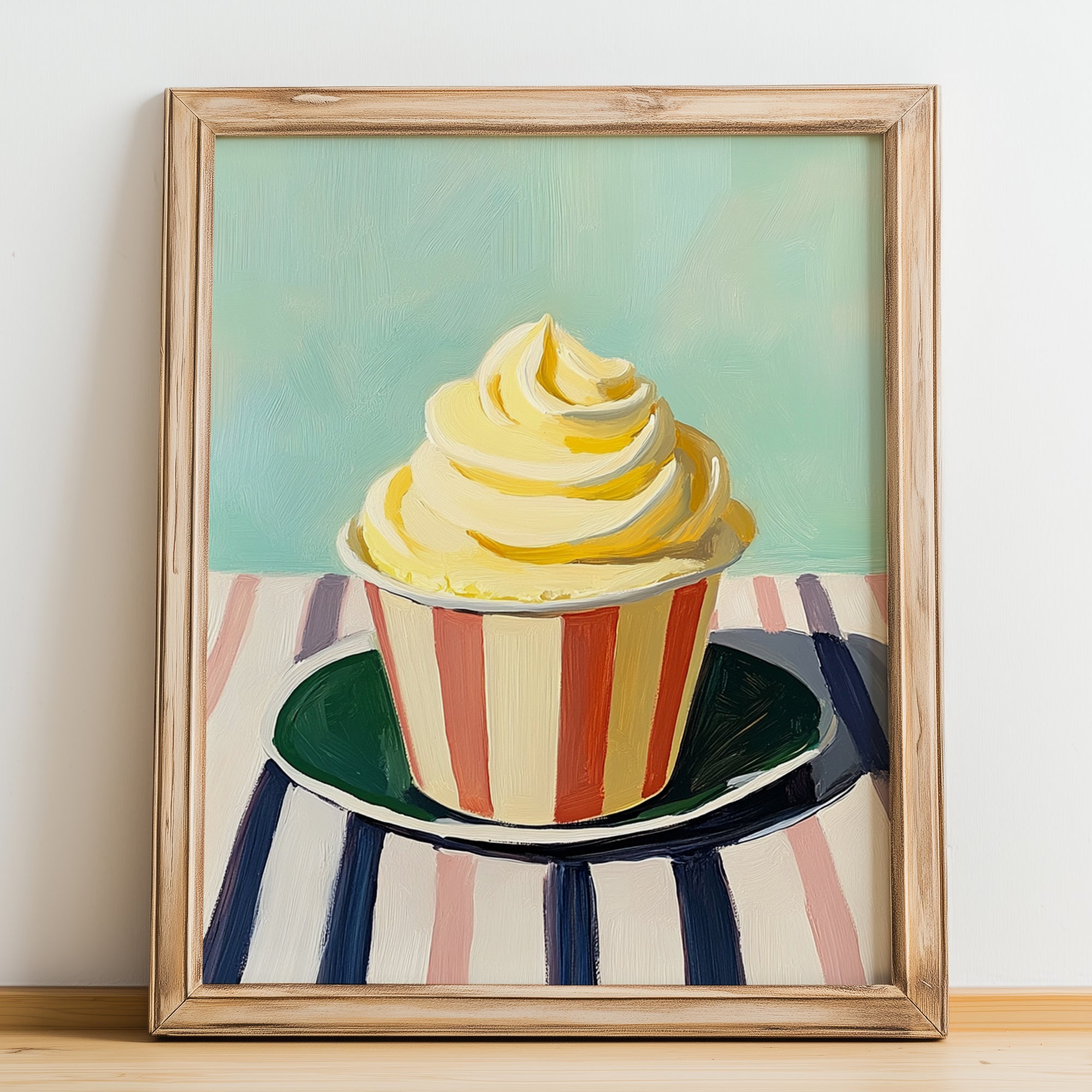 Limone – on Striped Tablecloth, Gelato Wall Painting, no-text version framed in wood