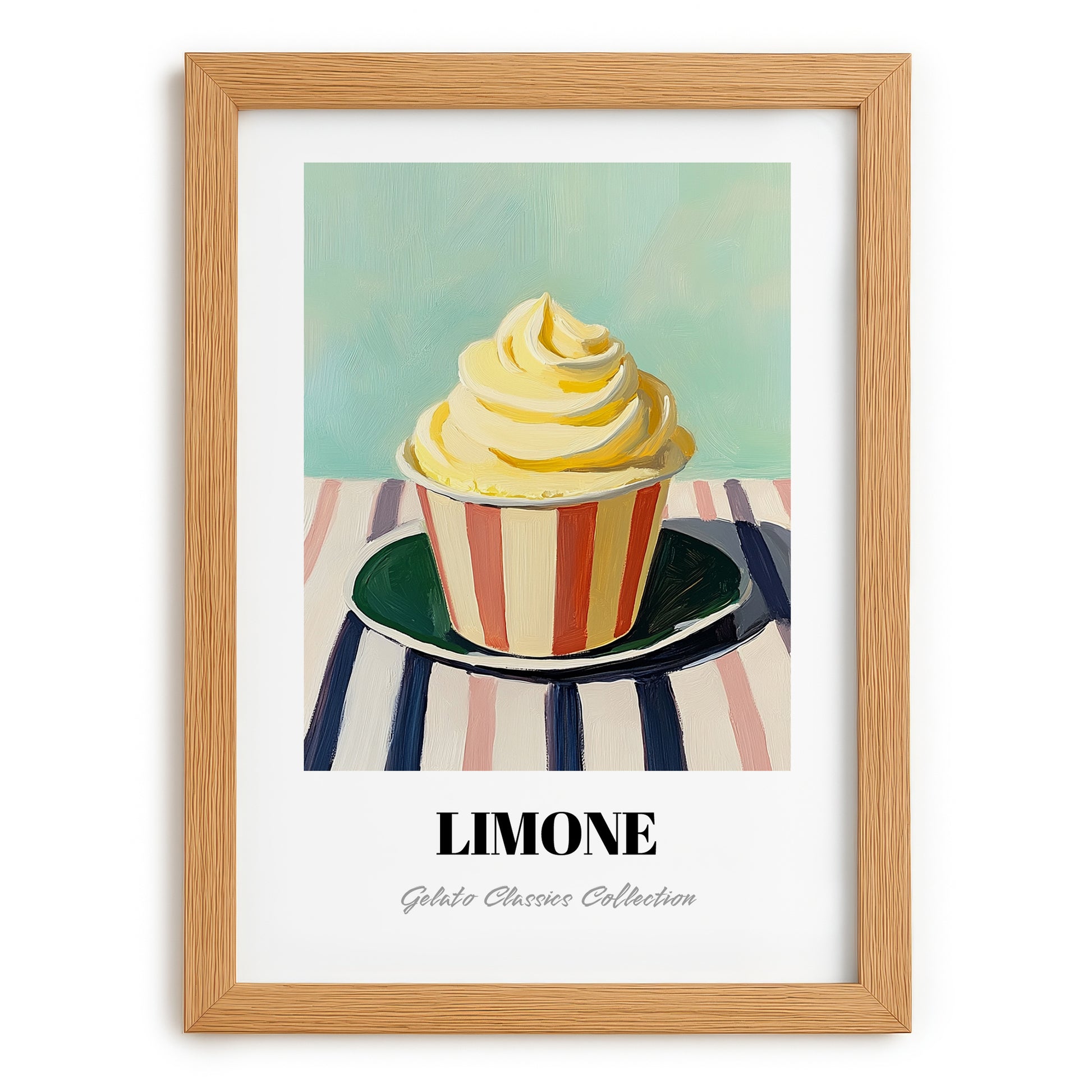 Limone – on Striped Tablecloth, Gelato Wall Painting, set in oak frame