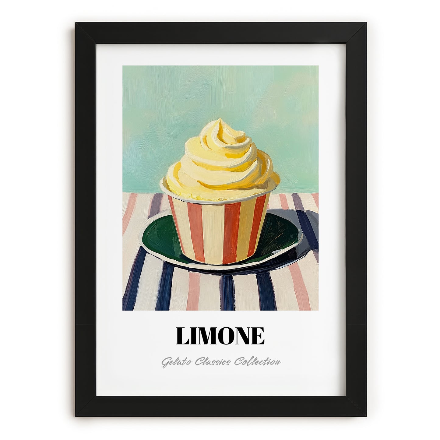 Limone – on Striped Tablecloth, Gelato Wall Painting, in sleek black frame