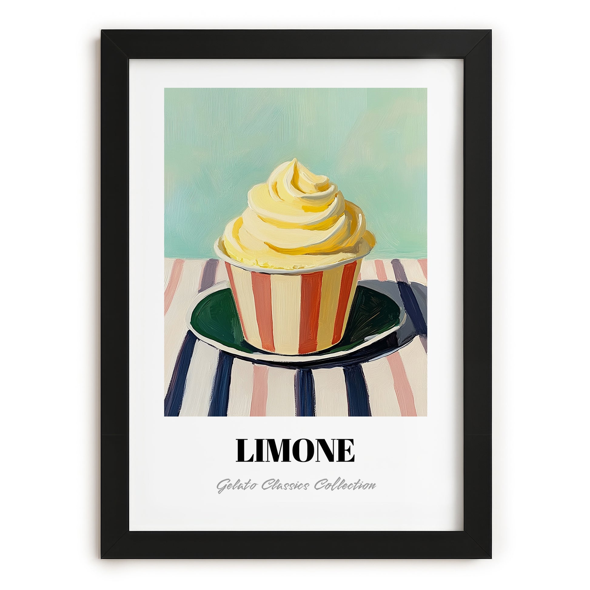 Limone – on Striped Tablecloth, Gelato Wall Painting, in sleek black frame