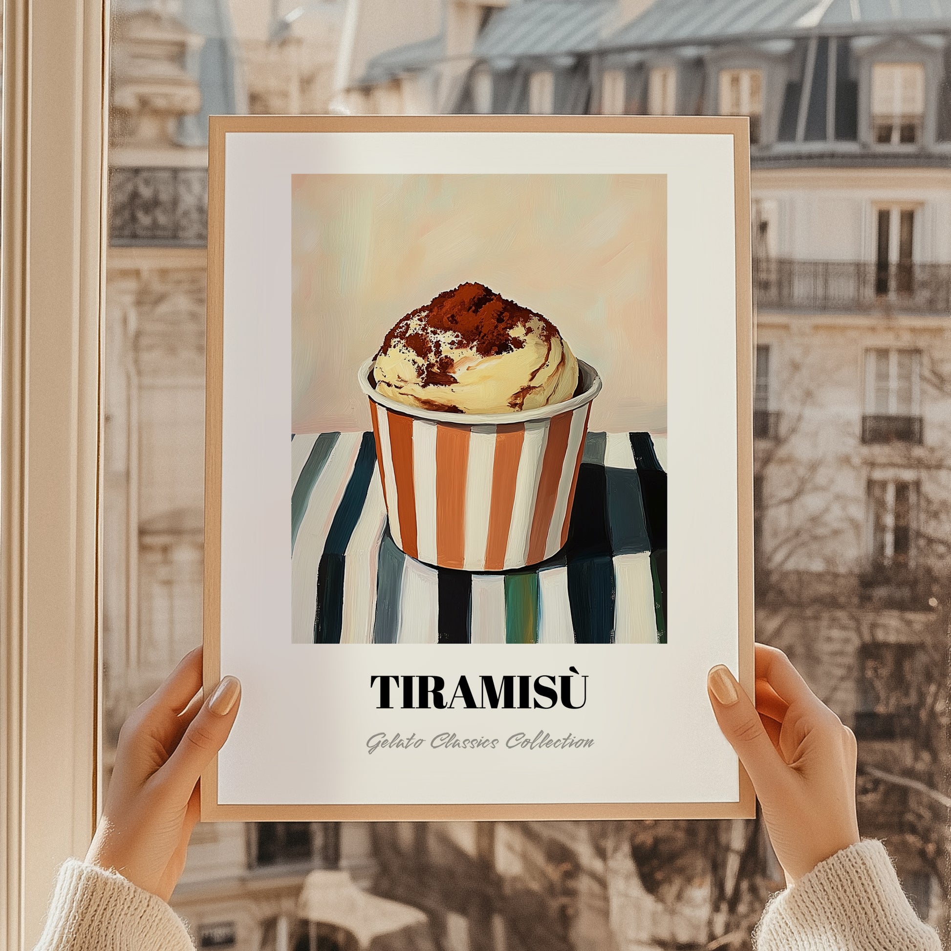 Tiramisu – on Striped Tablecloth, Gelato Wall Decor, styled in a charming Paris street view
