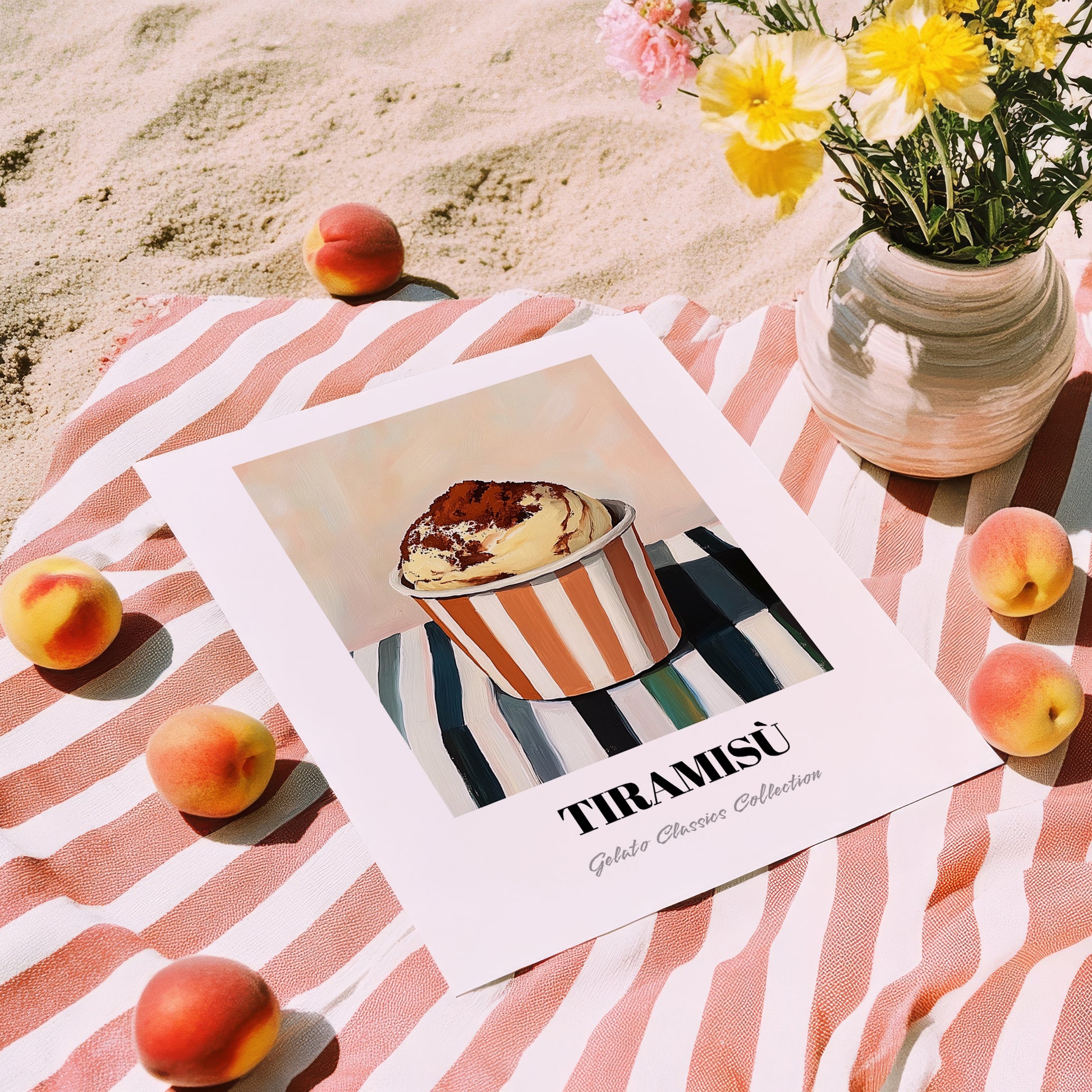 Tiramisu – on Striped Tablecloth, Gelato Wall Decor, unframed on coastal sand