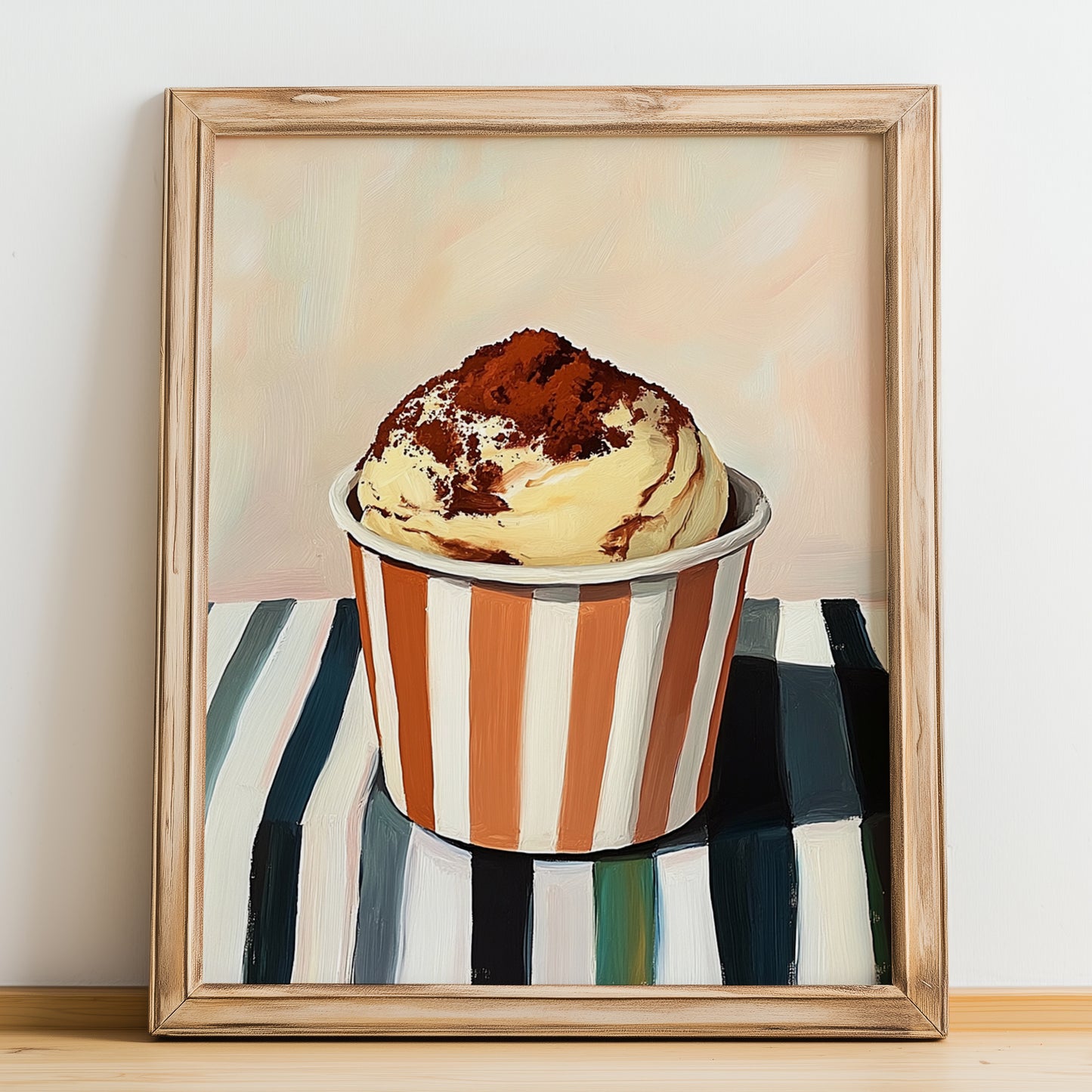 Tiramisu – on Striped Tablecloth, Gelato Wall Decor, no-text version framed in wood