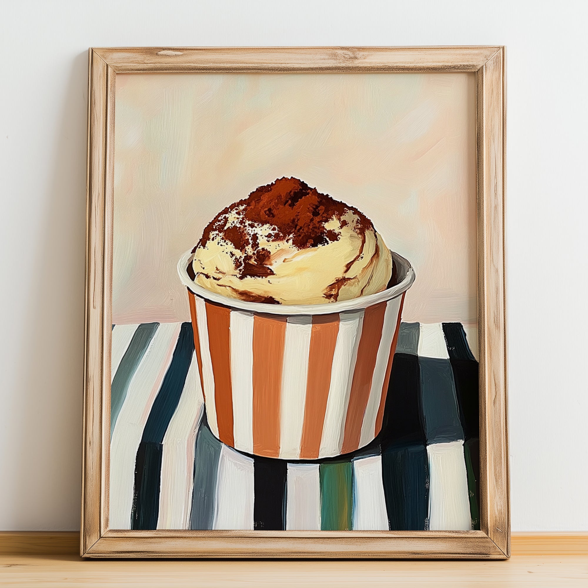 Tiramisu – on Striped Tablecloth, Gelato Wall Decor, no-text version framed in wood