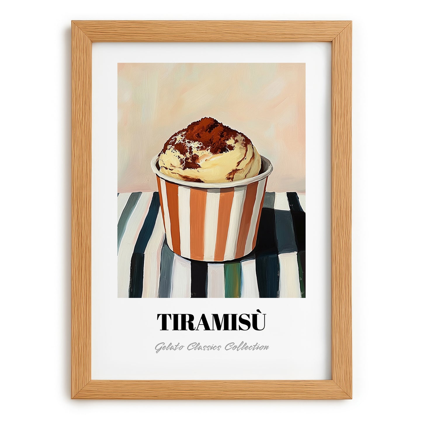 Tiramisu – on Striped Tablecloth, Gelato Wall Decor, set in oak frame