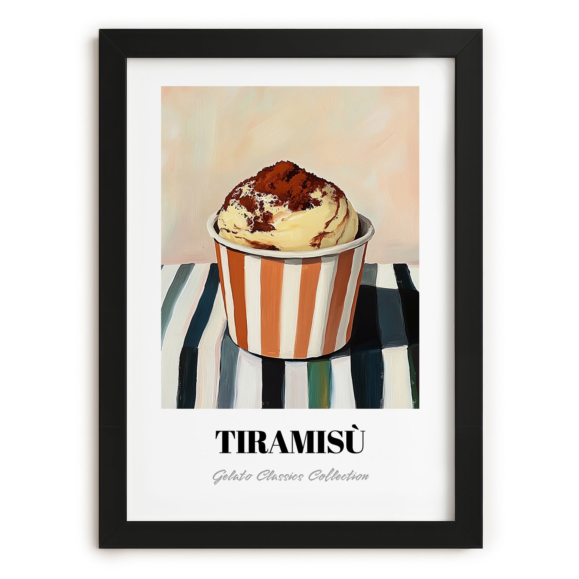 Tiramisu – on Striped Tablecloth, Gelato Wall Decor, in sleek black frame