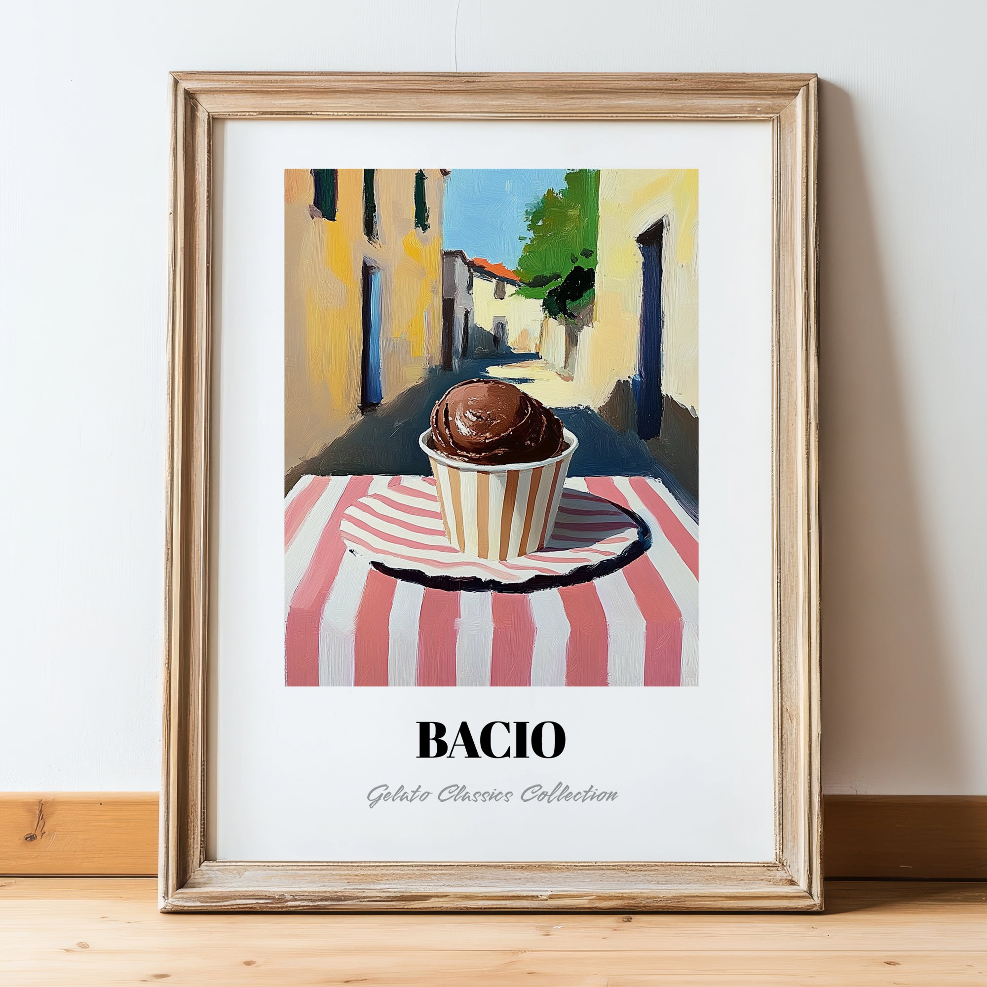 Gelato Bacio – Italian Street Café Scene, Gelato Poster, in wooden frame leaning on the floor
