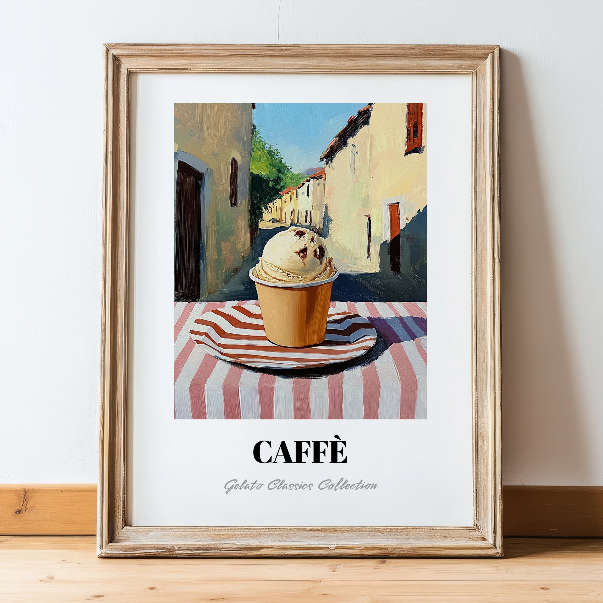 Gelato Caffe – Italian Street Café Scene, Gelato Illustration, in wooden frame leaning on the floor