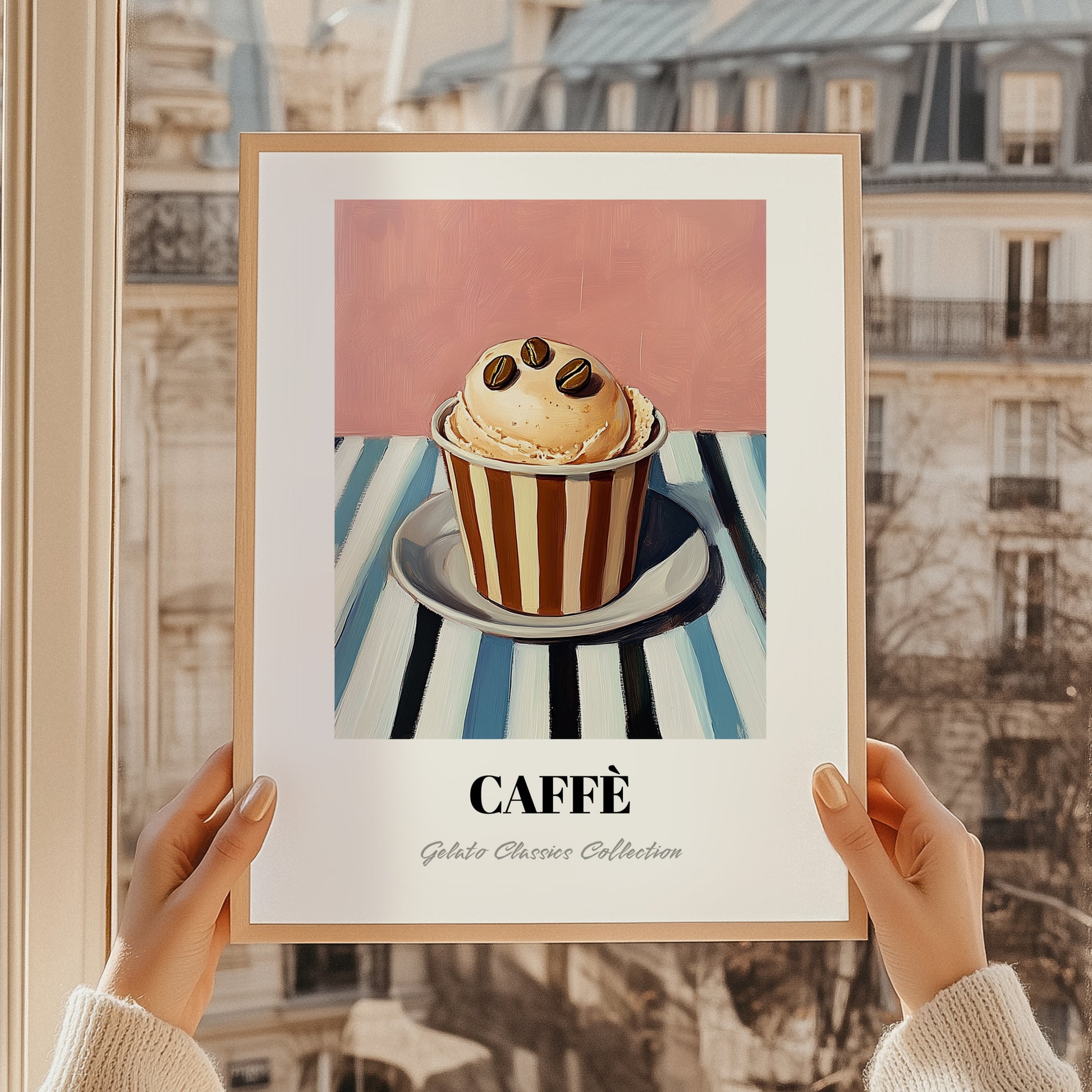 Caffe – on Striped Tablecloth, Gelato Painting, styled in a charming Paris street view