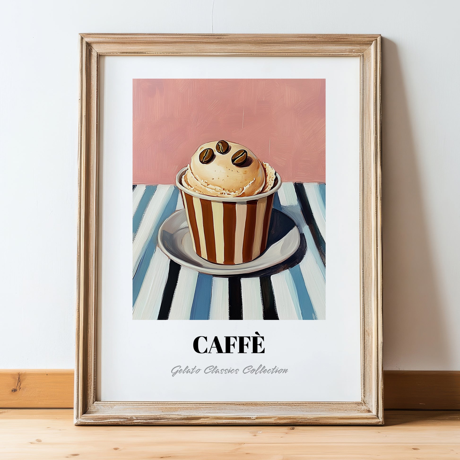 Caffe – on Striped Tablecloth, Gelato Painting, in wooden frame leaning on the floor