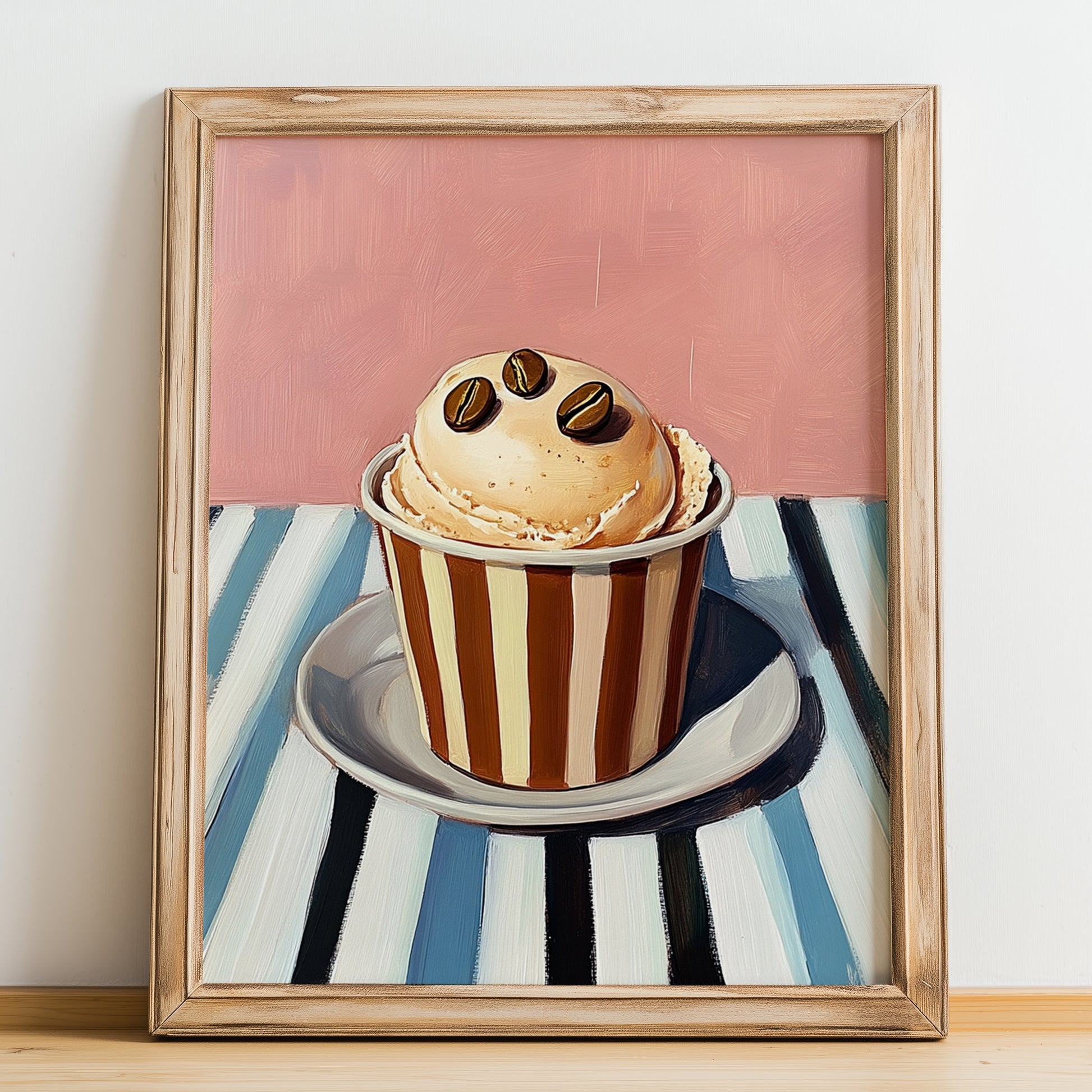 Caffe – on Striped Tablecloth, Gelato Painting, no-text version framed in wood