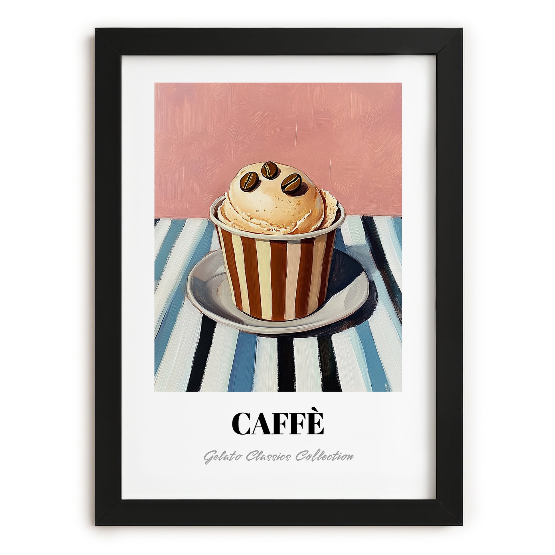 Caffe – on Striped Tablecloth, Gelato Painting, in sleek black frame