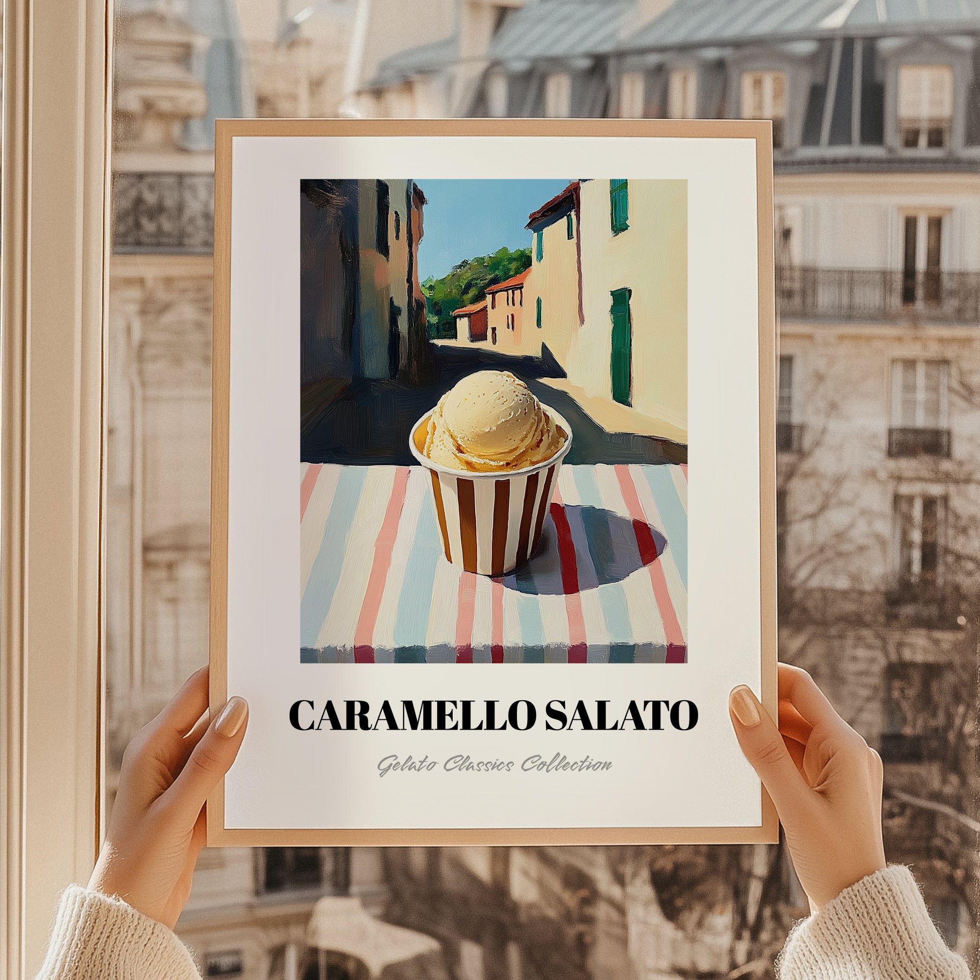 Gelato Caramello Salato – Italian Street Café Scene, Gelato Illustration, styled in a charming Paris street view