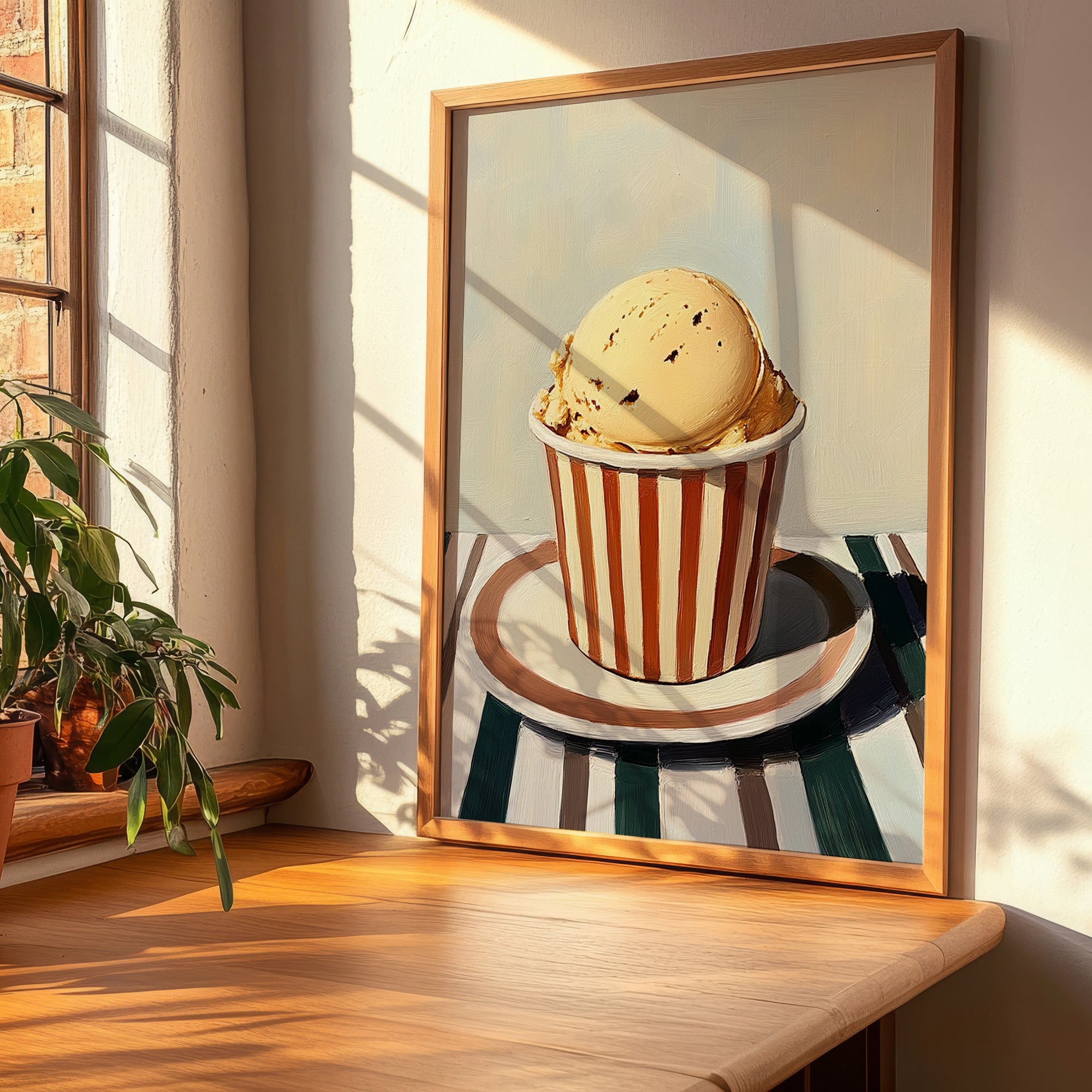 Caramello Salato – on Striped Tablecloth, Gelato Still Life, clean layout with no caption