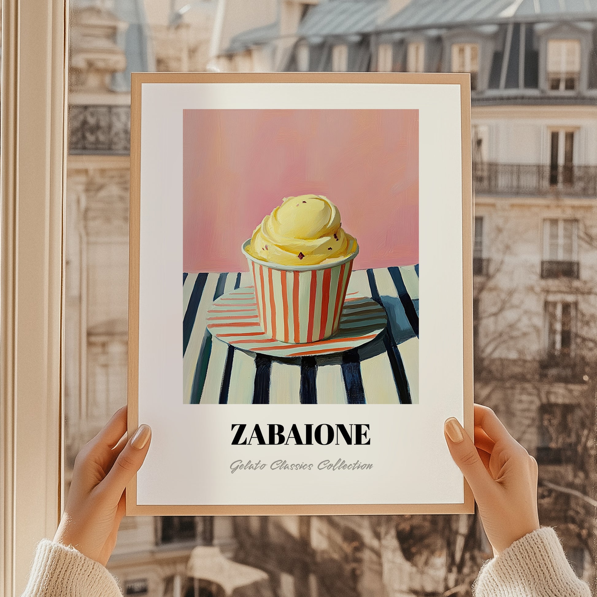 Zabaione – on Striped Tablecloth, Gelato Wall Decor, styled in a charming Paris street view