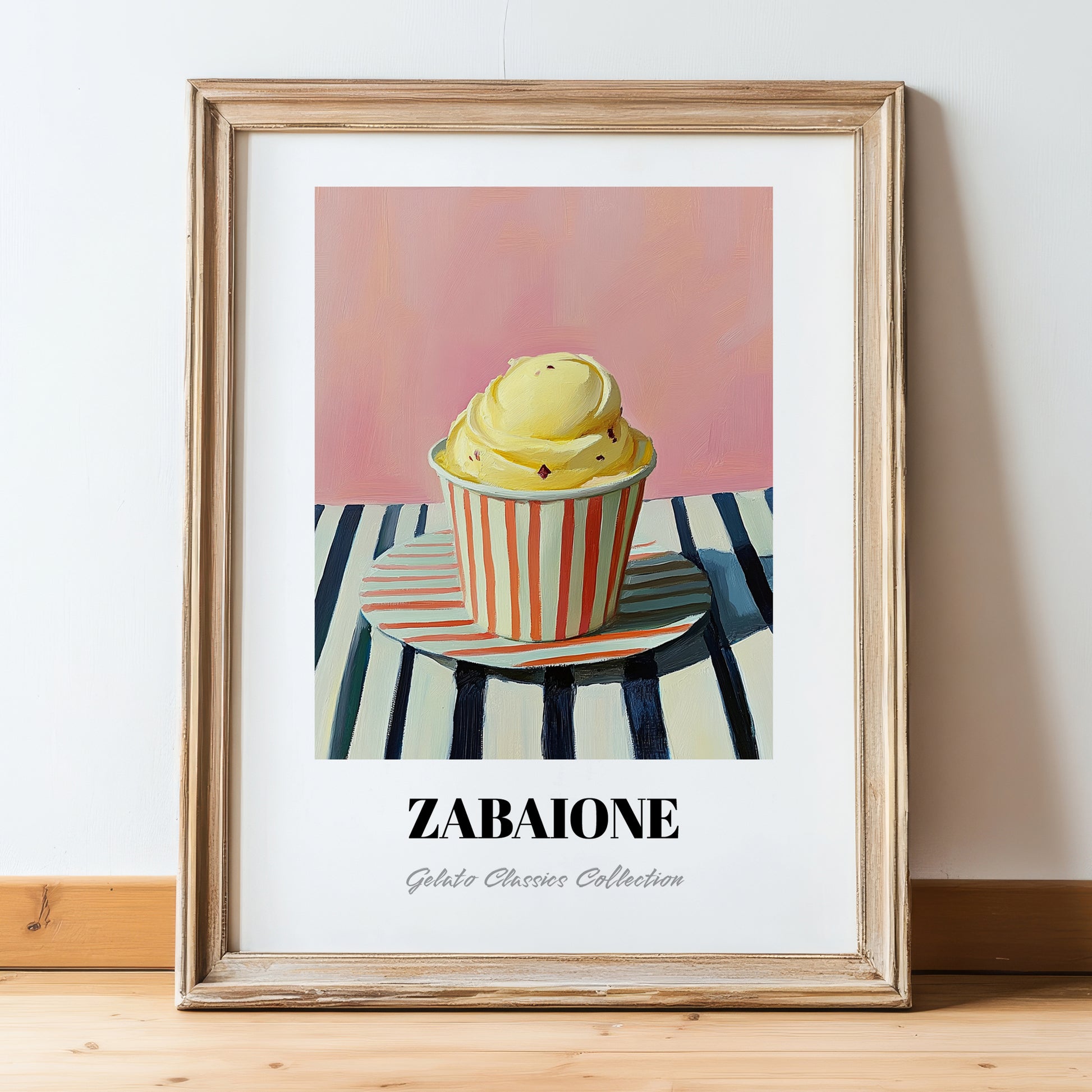 Zabaione – on Striped Tablecloth, Gelato Wall Decor, in wooden frame leaning on the floor