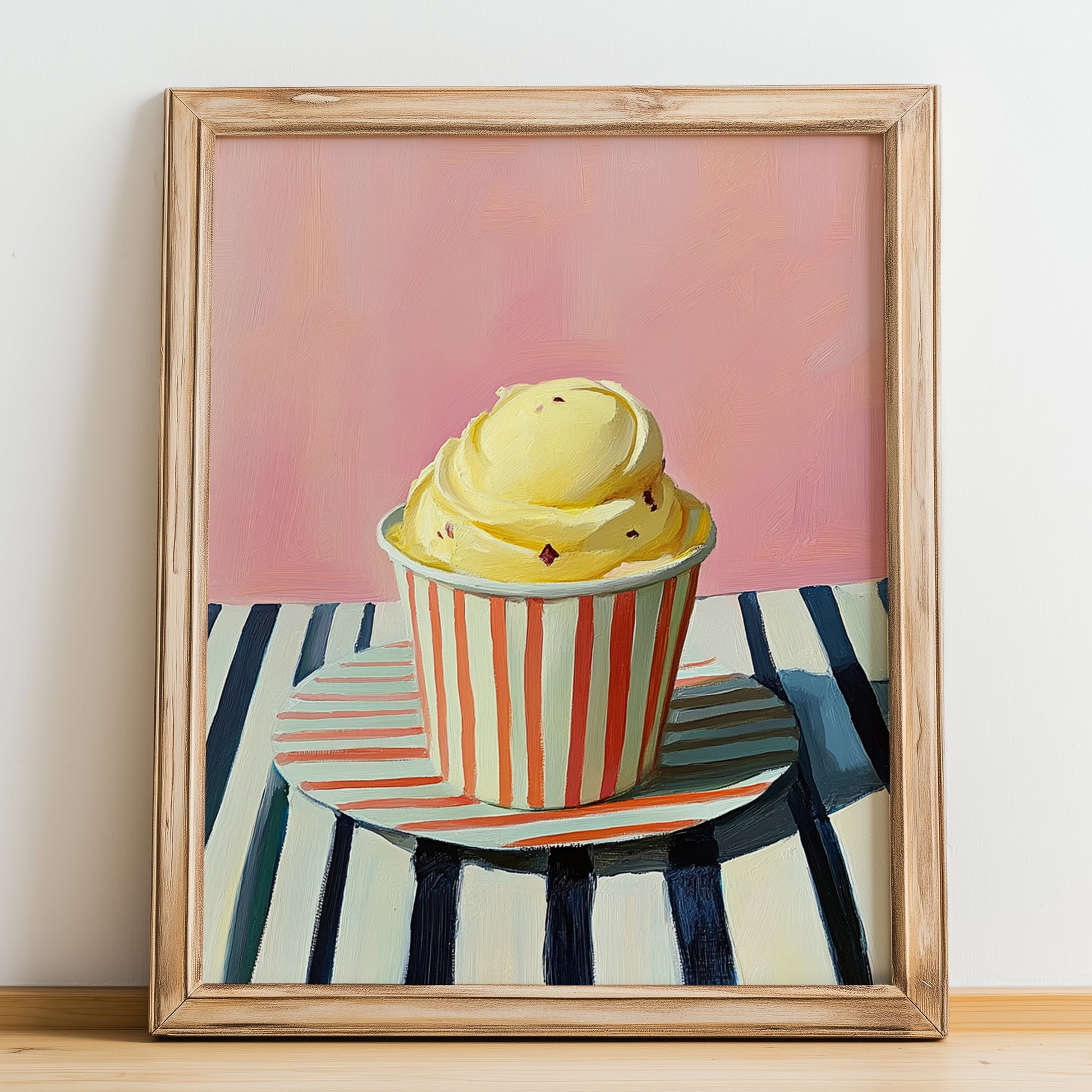 Zabaione – on Striped Tablecloth, Gelato Wall Decor, no-text version framed in wood
