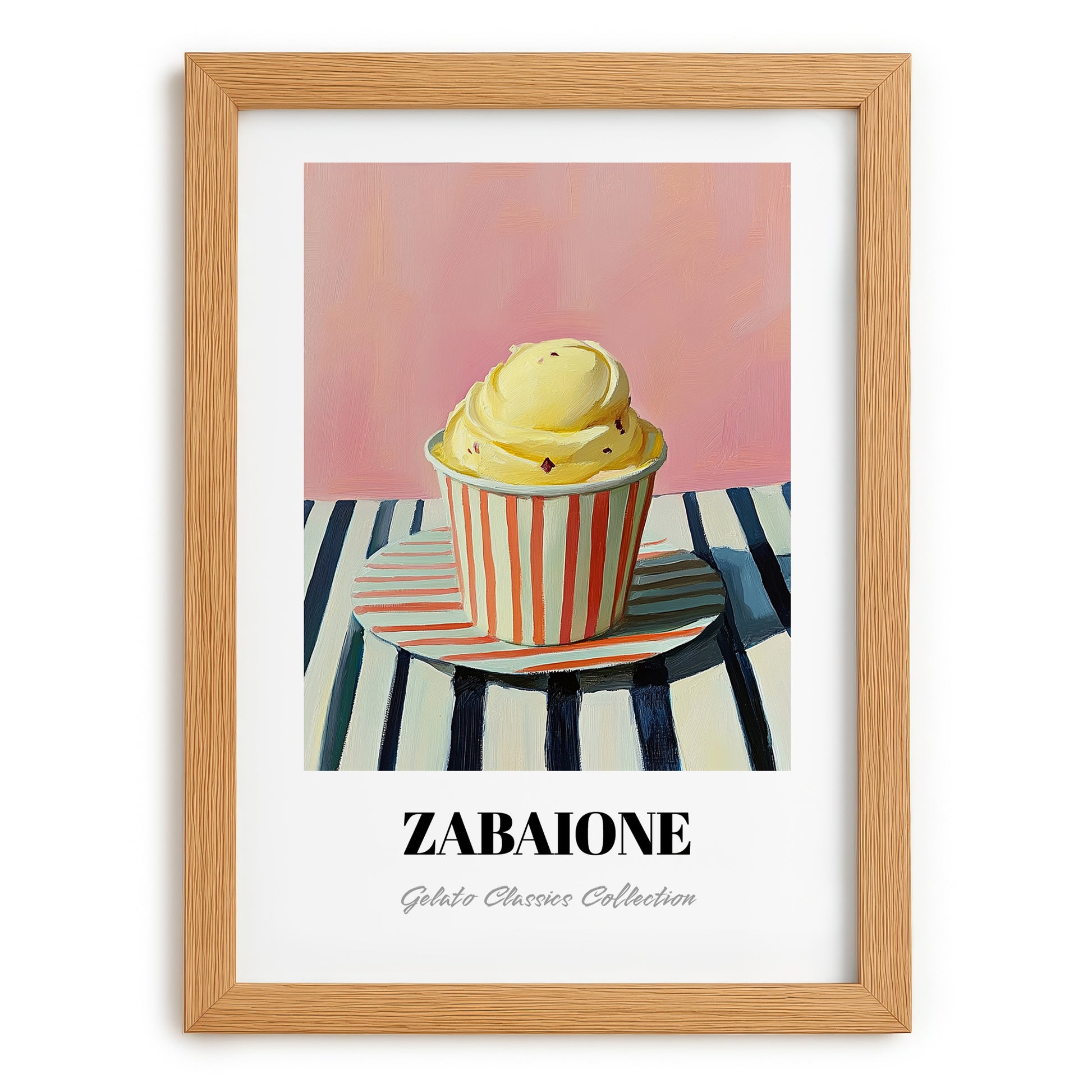 Zabaione – on Striped Tablecloth, Gelato Wall Decor, set in oak frame