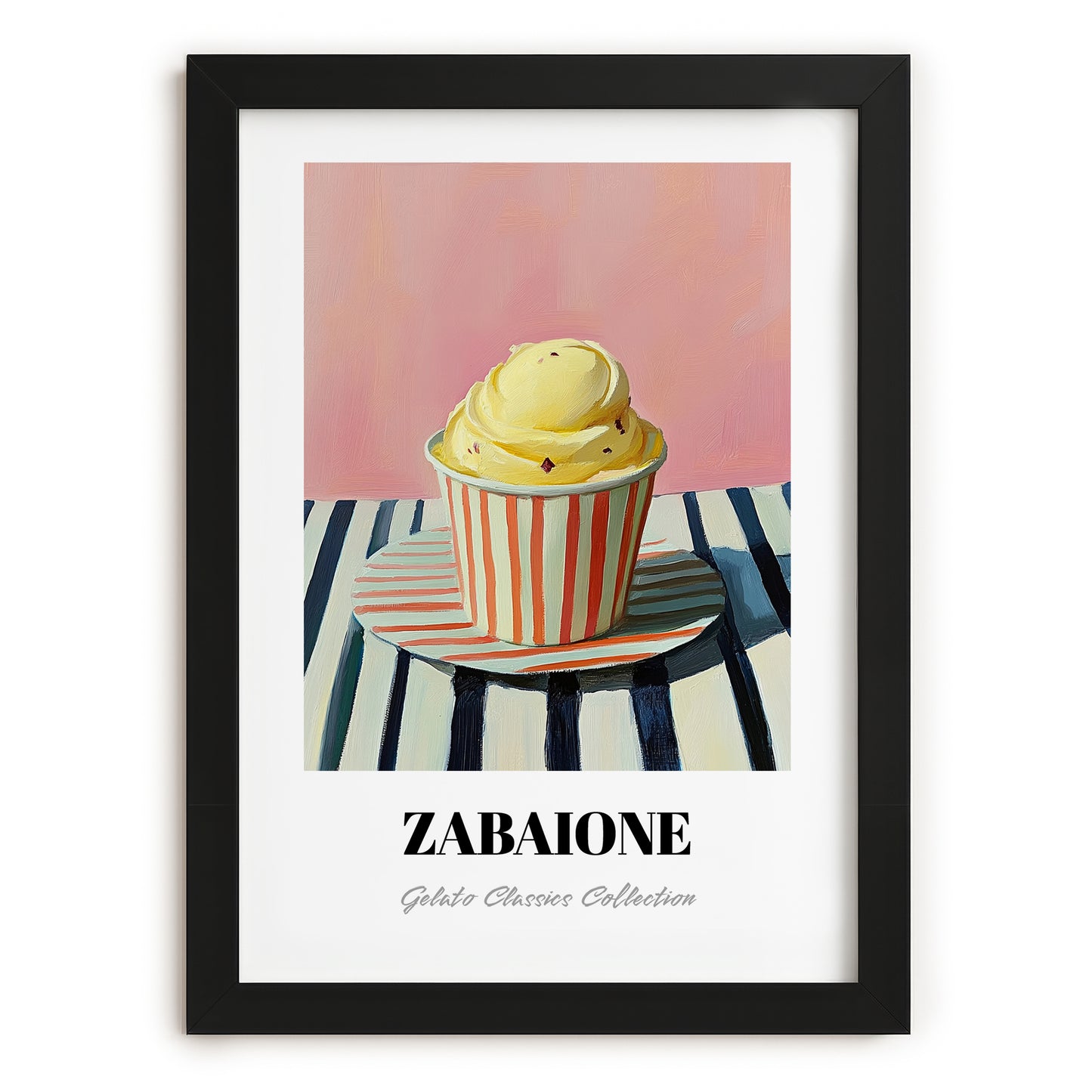 Zabaione – on Striped Tablecloth, Gelato Wall Decor, in sleek black frame