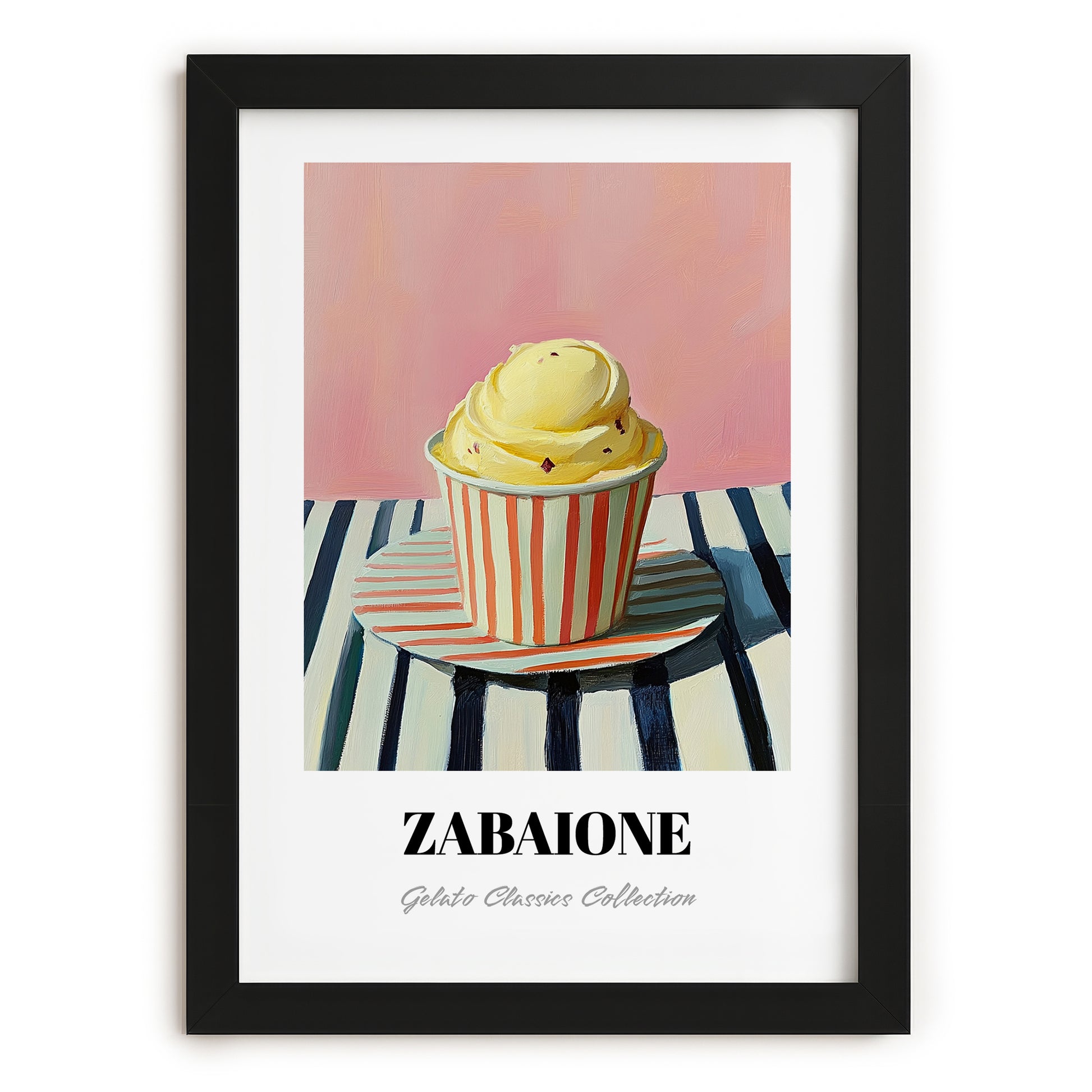 Zabaione – on Striped Tablecloth, Gelato Wall Decor, in sleek black frame