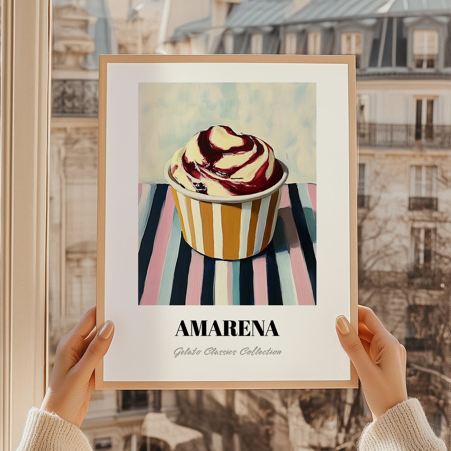 Amarena – on Striped Tablecloth, Gelato Print, styled in a charming Paris street view