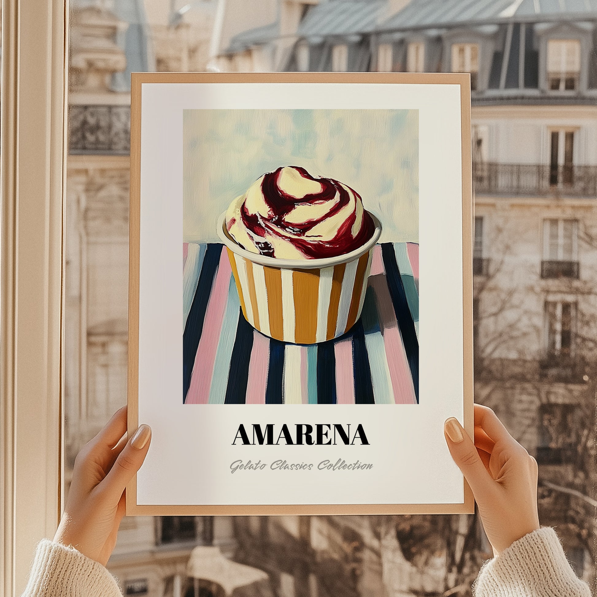 Amarena – on Striped Tablecloth, Gelato Print, styled in a charming Paris street view