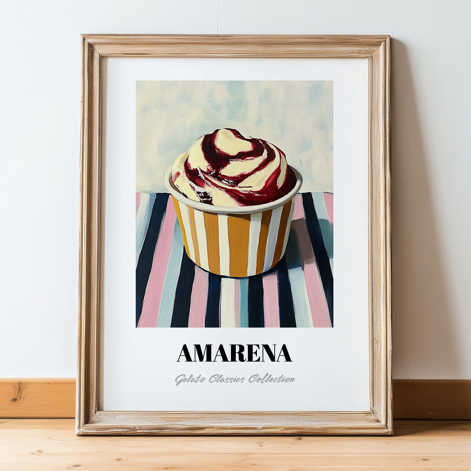 Amarena – on Striped Tablecloth, Gelato Print, in wooden frame leaning on the floor