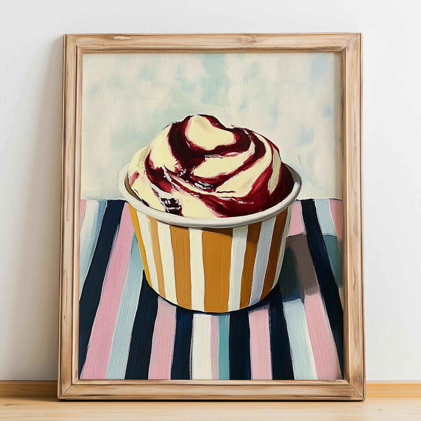 Amarena – on Striped Tablecloth, Gelato Print, no-text version framed in wood