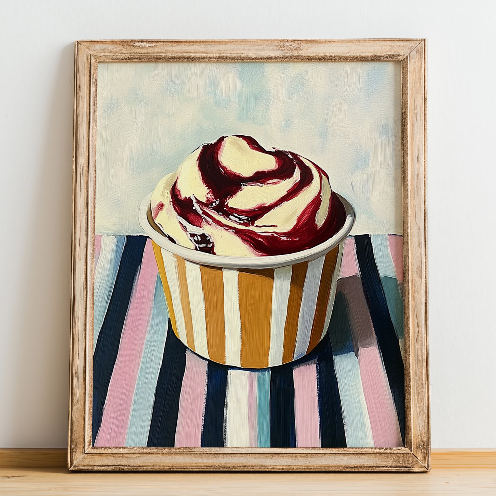 Amarena – on Striped Tablecloth, Gelato Print, no-text version framed in wood