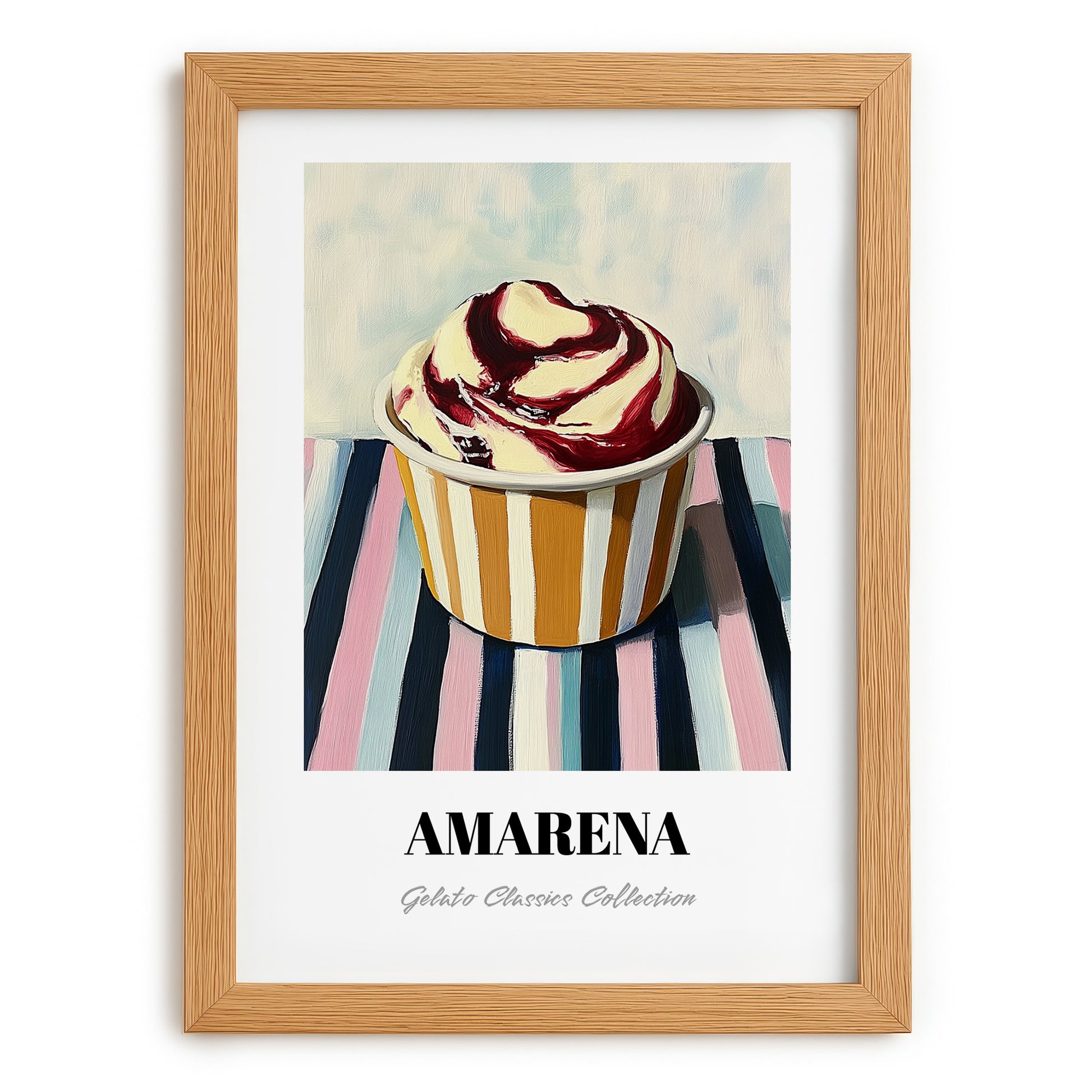 Amarena – on Striped Tablecloth, Gelato Print, set in oak frame