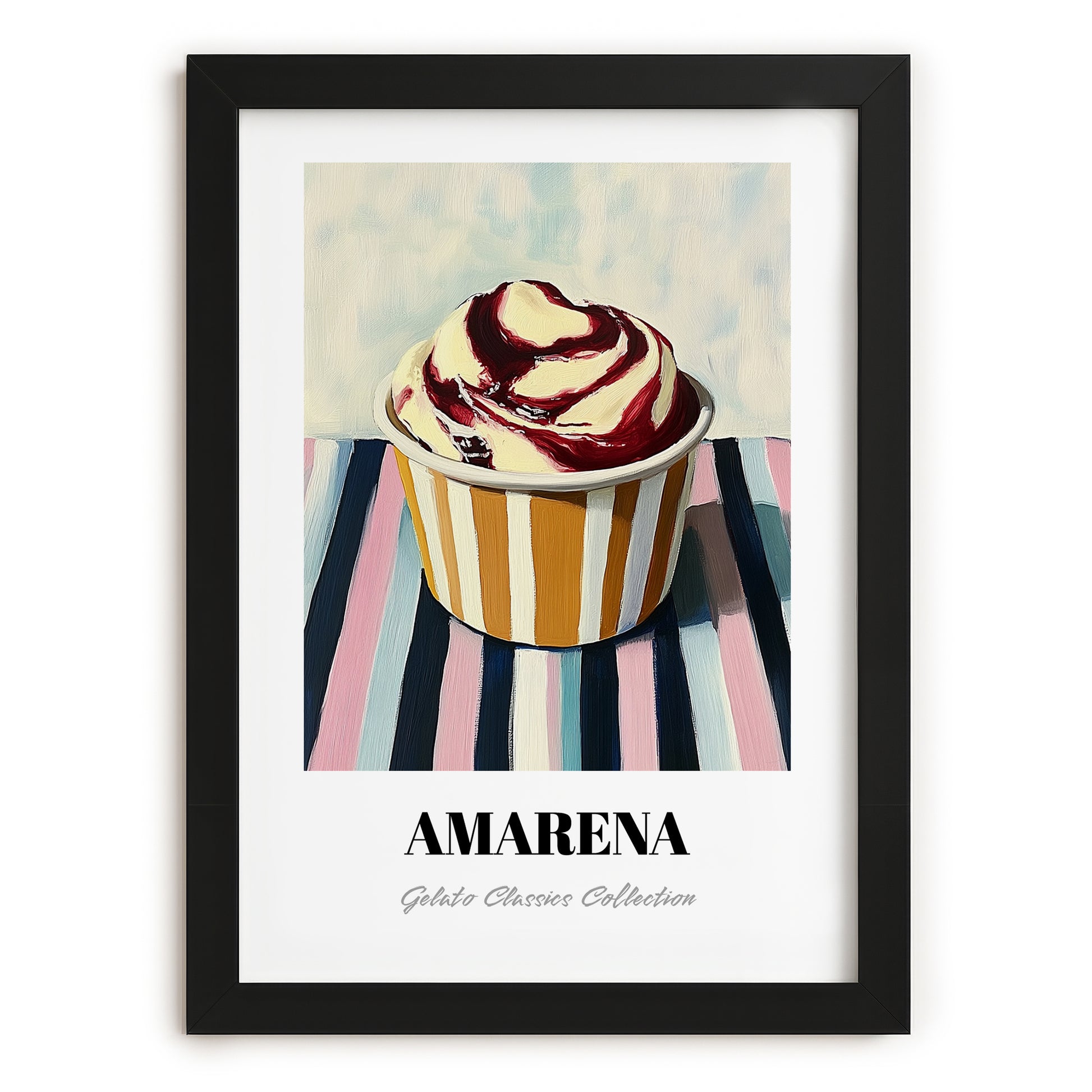 Amarena – on Striped Tablecloth, Gelato Print, in sleek black frame