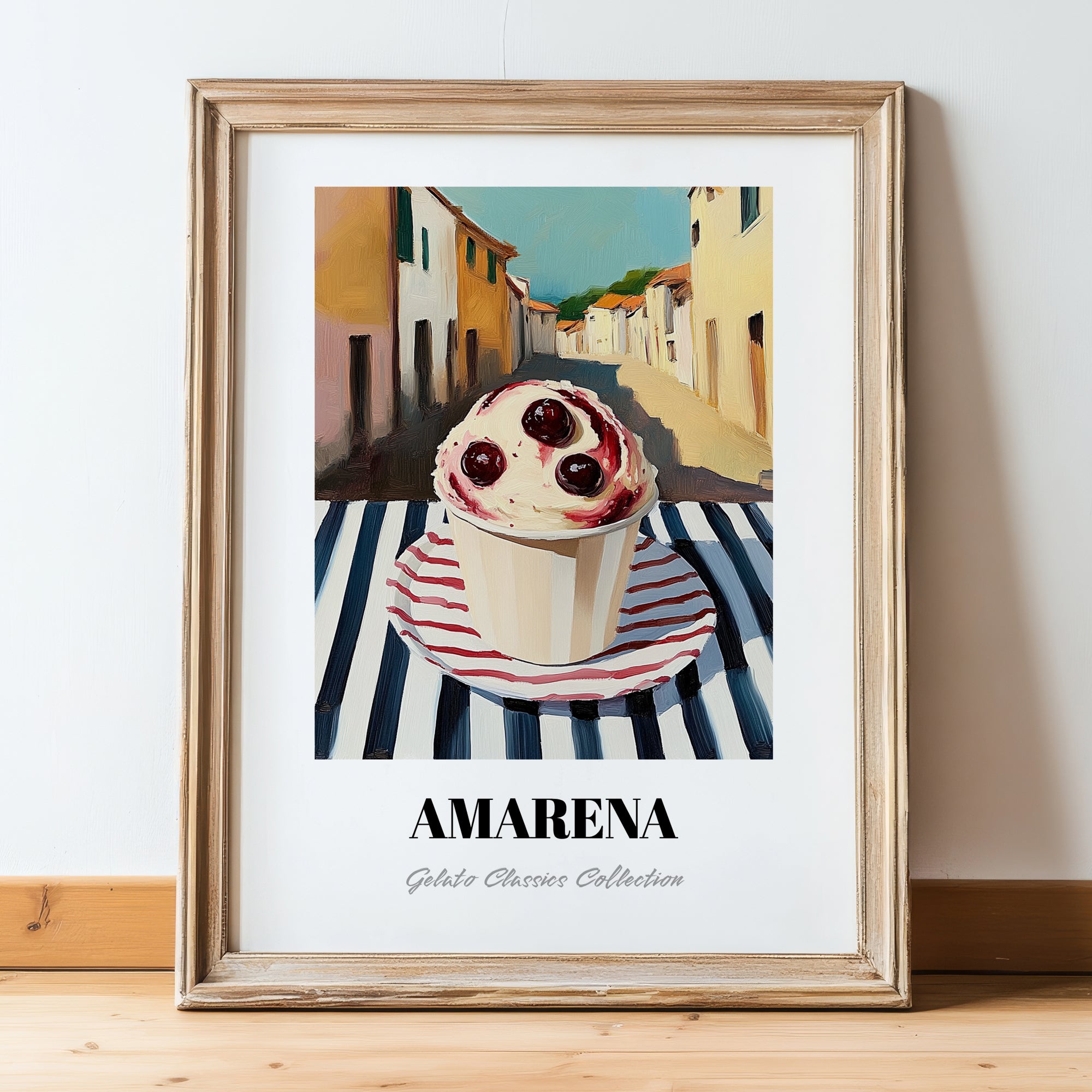 Gelato Amarena – Italian Café on the Corner, Gelato Wall Decor, in wooden frame leaning on the floor