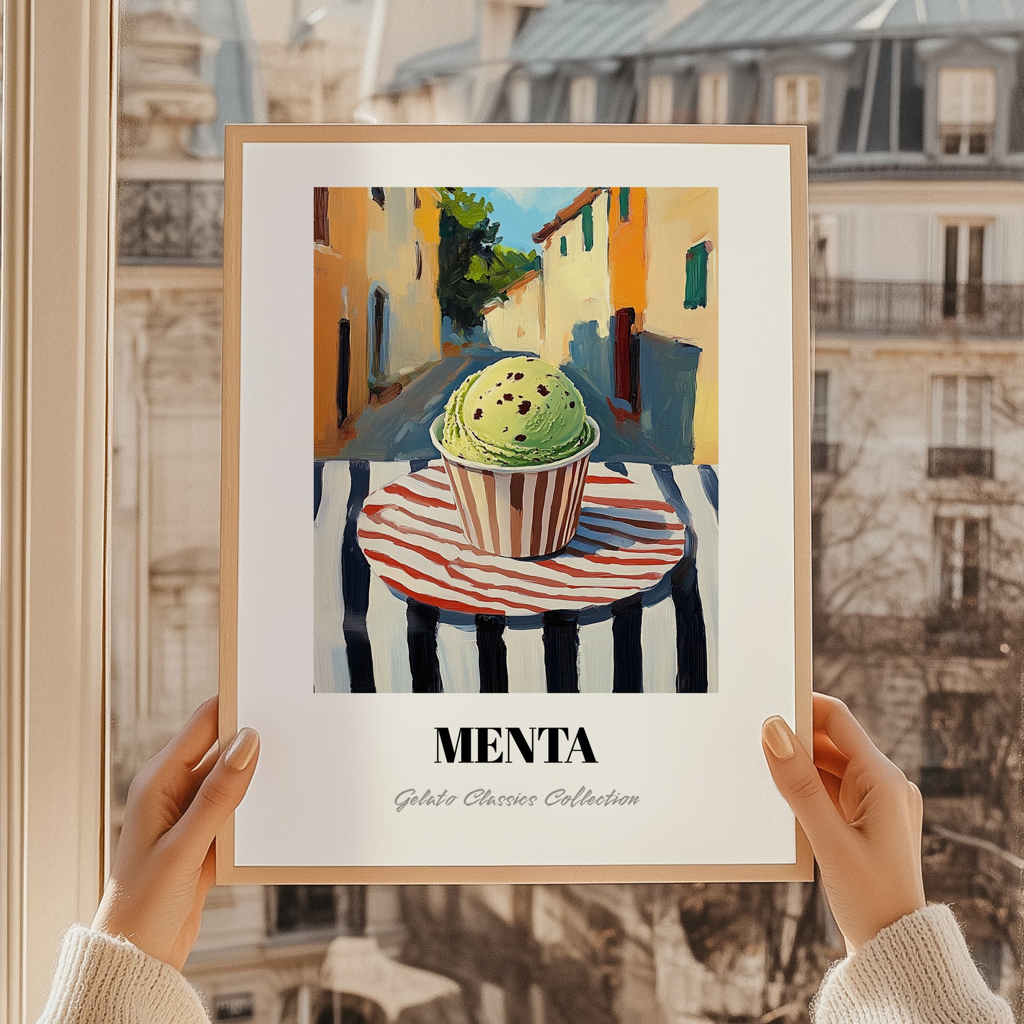 Gelato Menta – Italian Café on the Corner, Gelato Painting, styled in a charming Paris street view