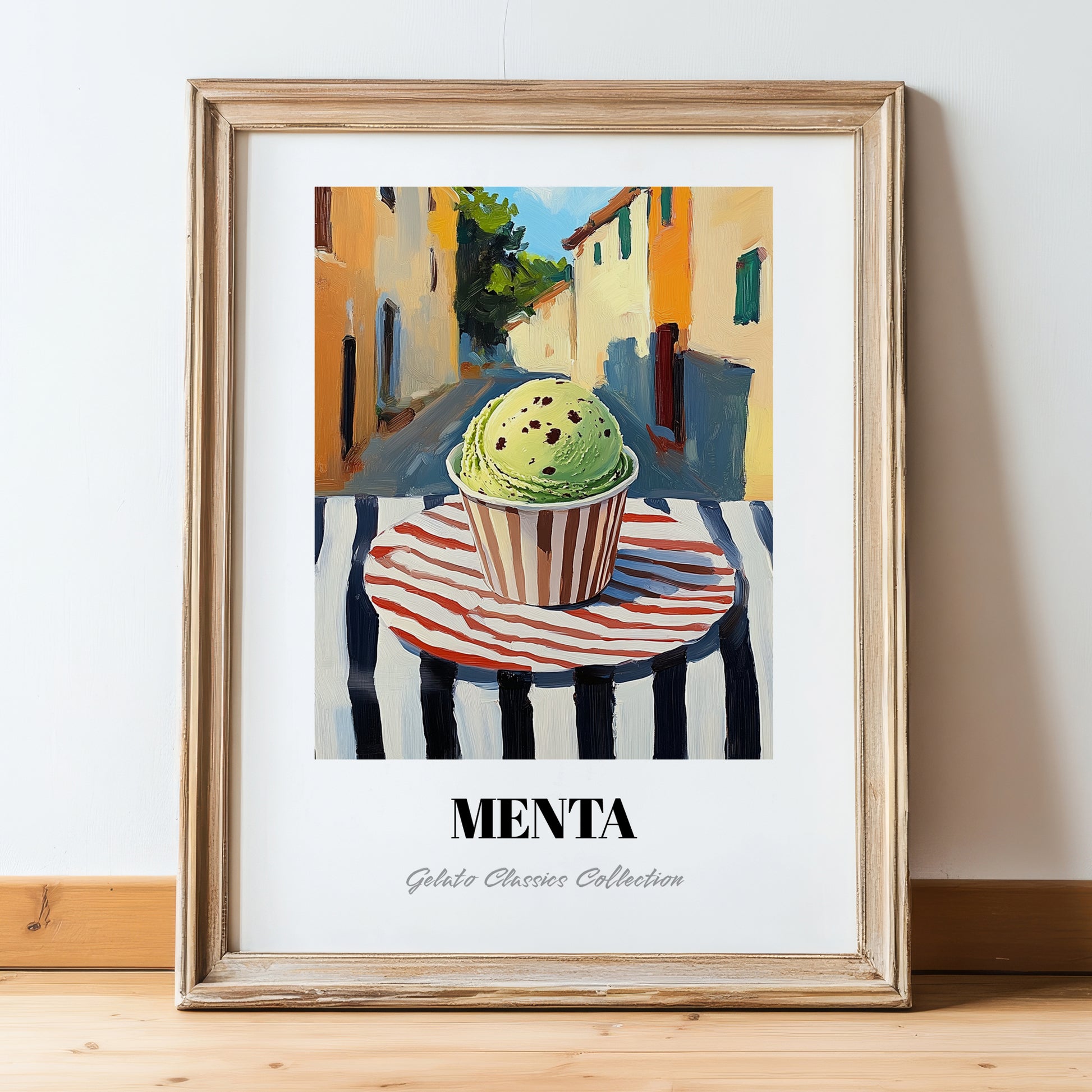 Gelato Menta – Italian Café on the Corner, Gelato Painting, in wooden frame leaning on the floor