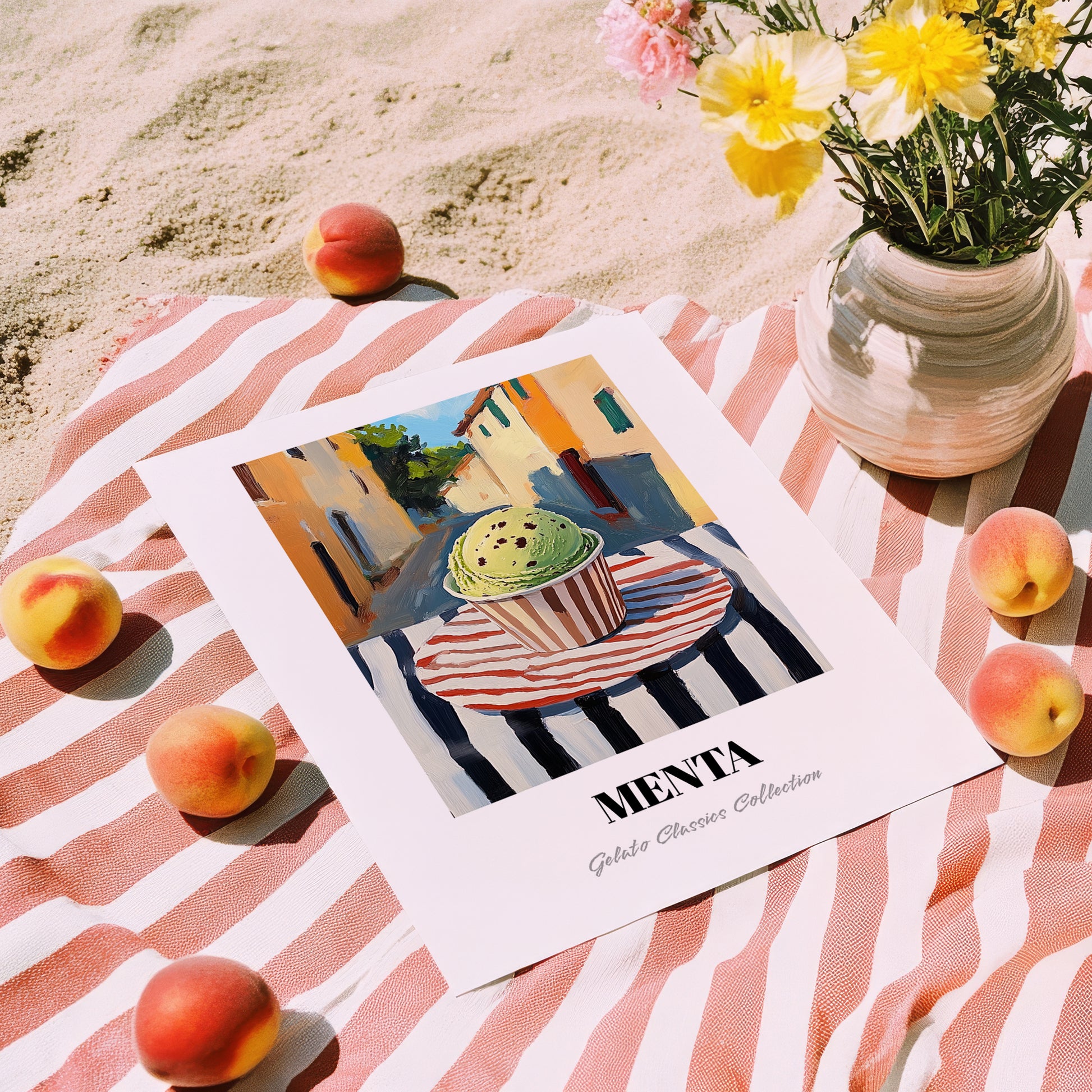 Gelato Menta – Italian Café on the Corner, Gelato Painting, unframed on coastal sand