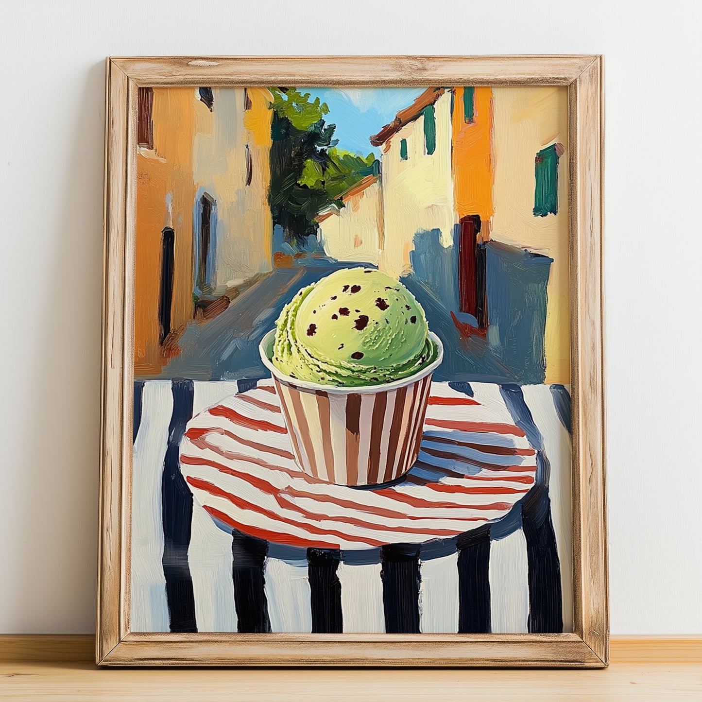 Gelato Menta – Italian Café on the Corner, Gelato Painting, no-text version framed in wood