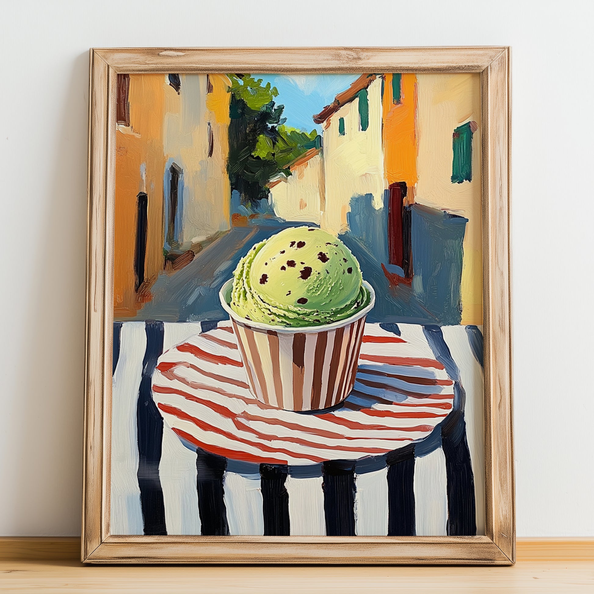 Gelato Menta – Italian Café on the Corner, Gelato Painting, no-text version framed in wood