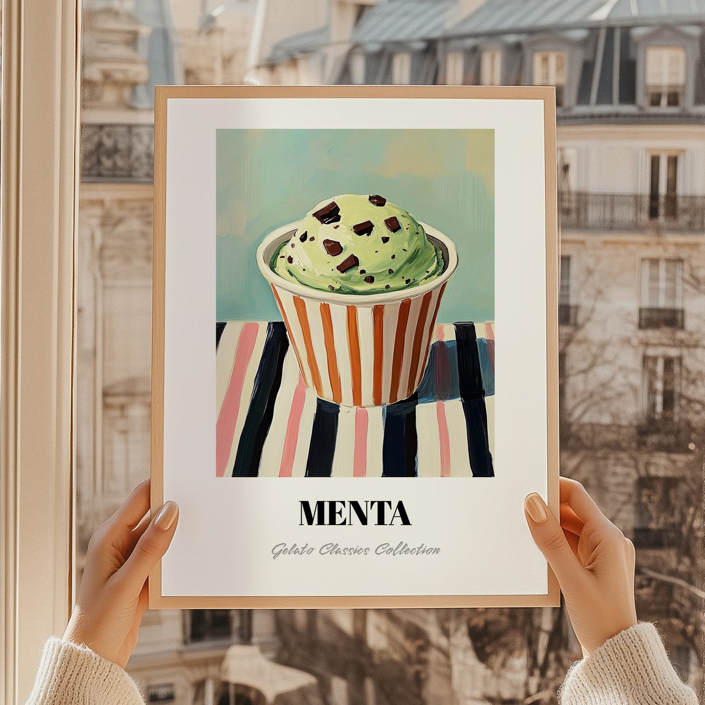 Menta – on Striped Tablecloth, Gelato Poster, styled in a charming Paris street view