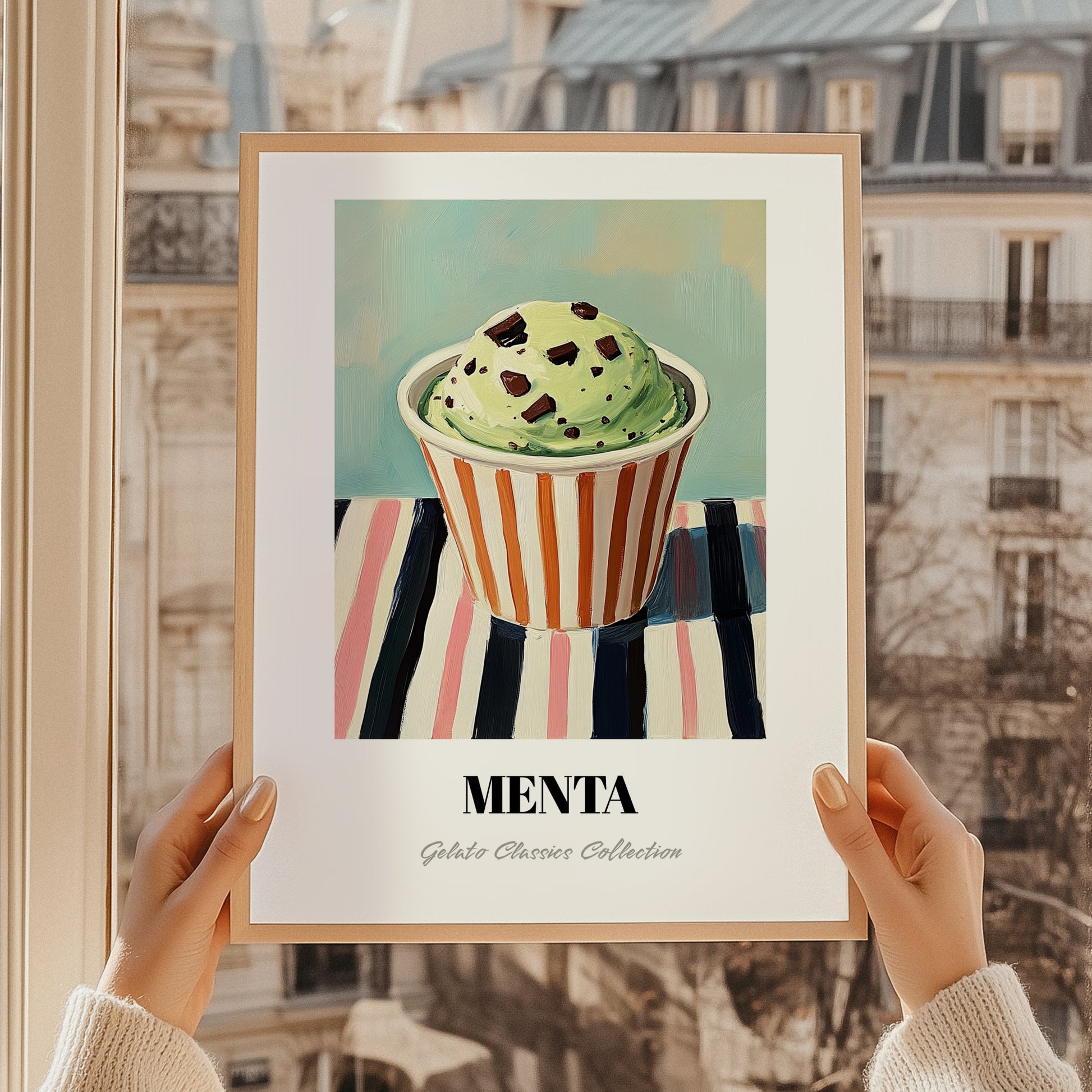 Menta – on Striped Tablecloth, Gelato Poster, styled in a charming Paris street view