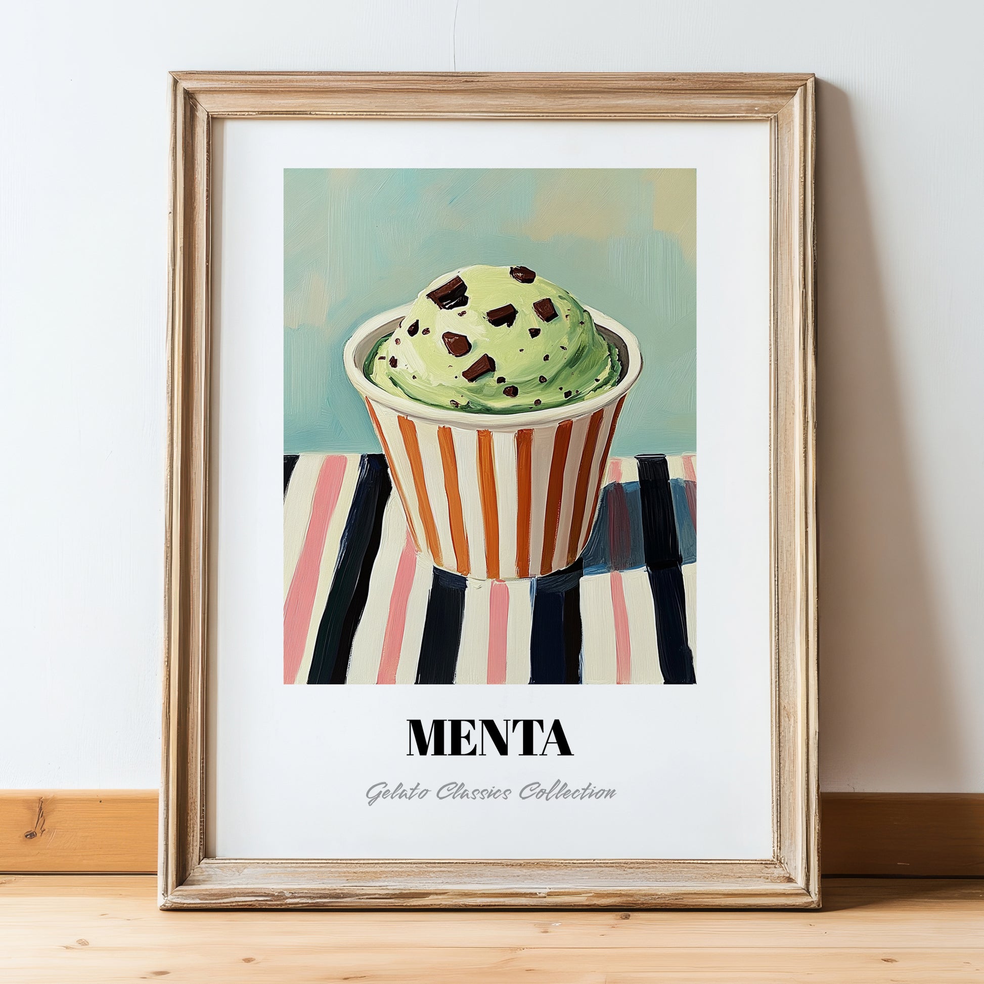 Menta – on Striped Tablecloth, Gelato Poster, in wooden frame leaning on the floor