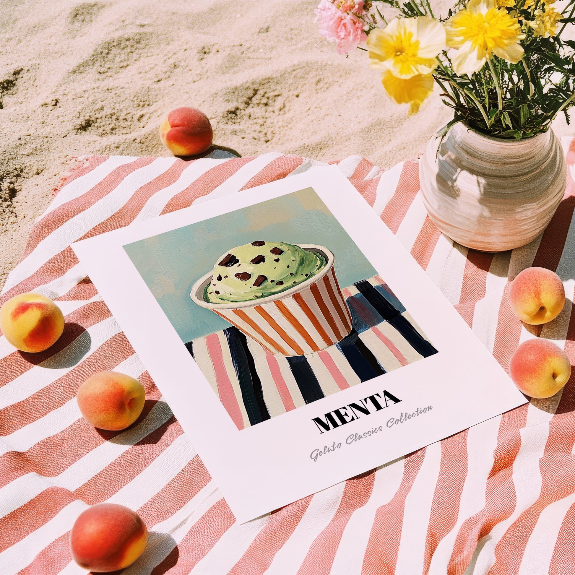 Menta – on Striped Tablecloth, Gelato Poster, unframed on coastal sand